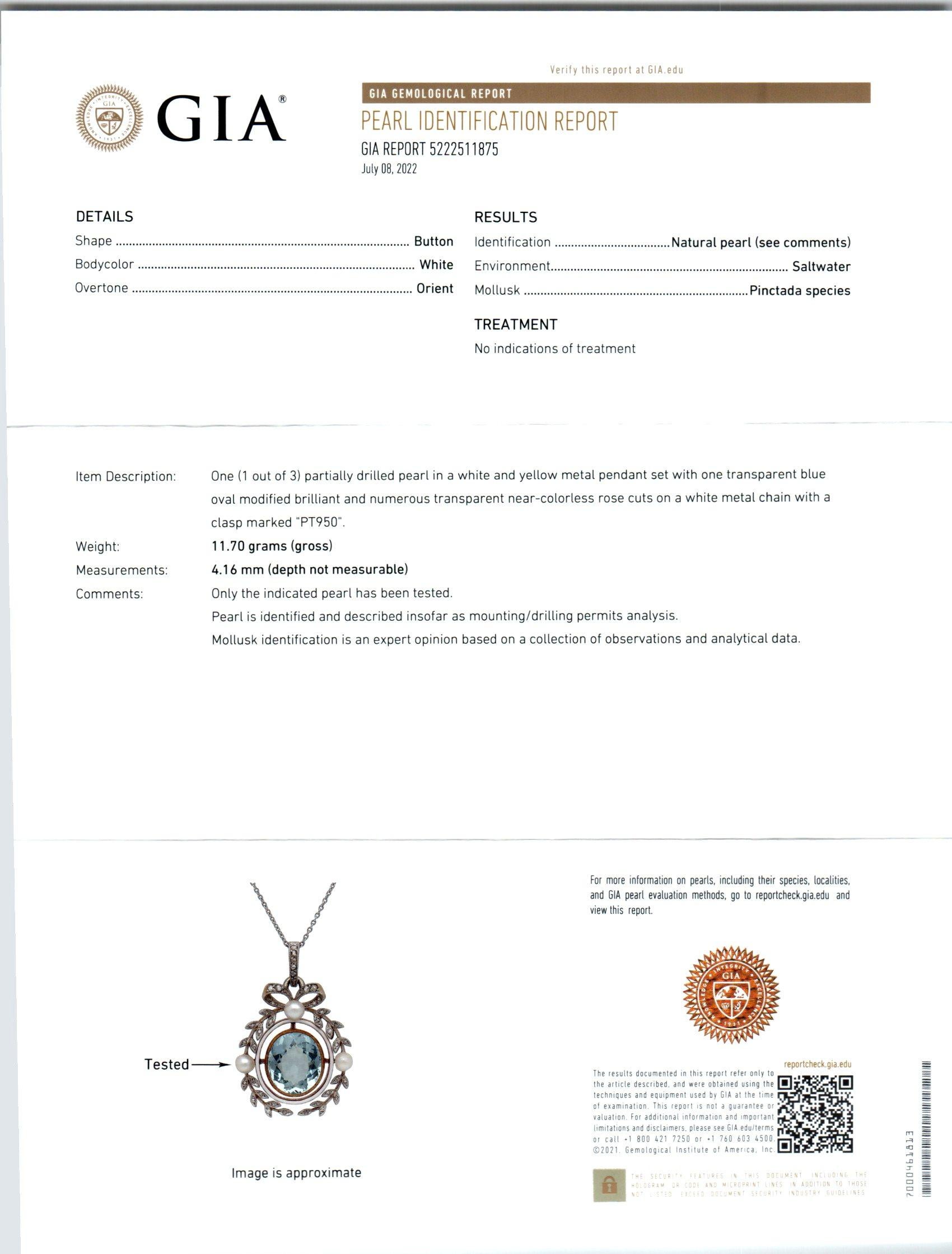 GIA-zertifizierte Platin-Halskette mit 7,00 Karat Aqua-Perlen-Diamant-Platin-Anhänger  im Zustand „Gut“ im Angebot in Stamford, CT