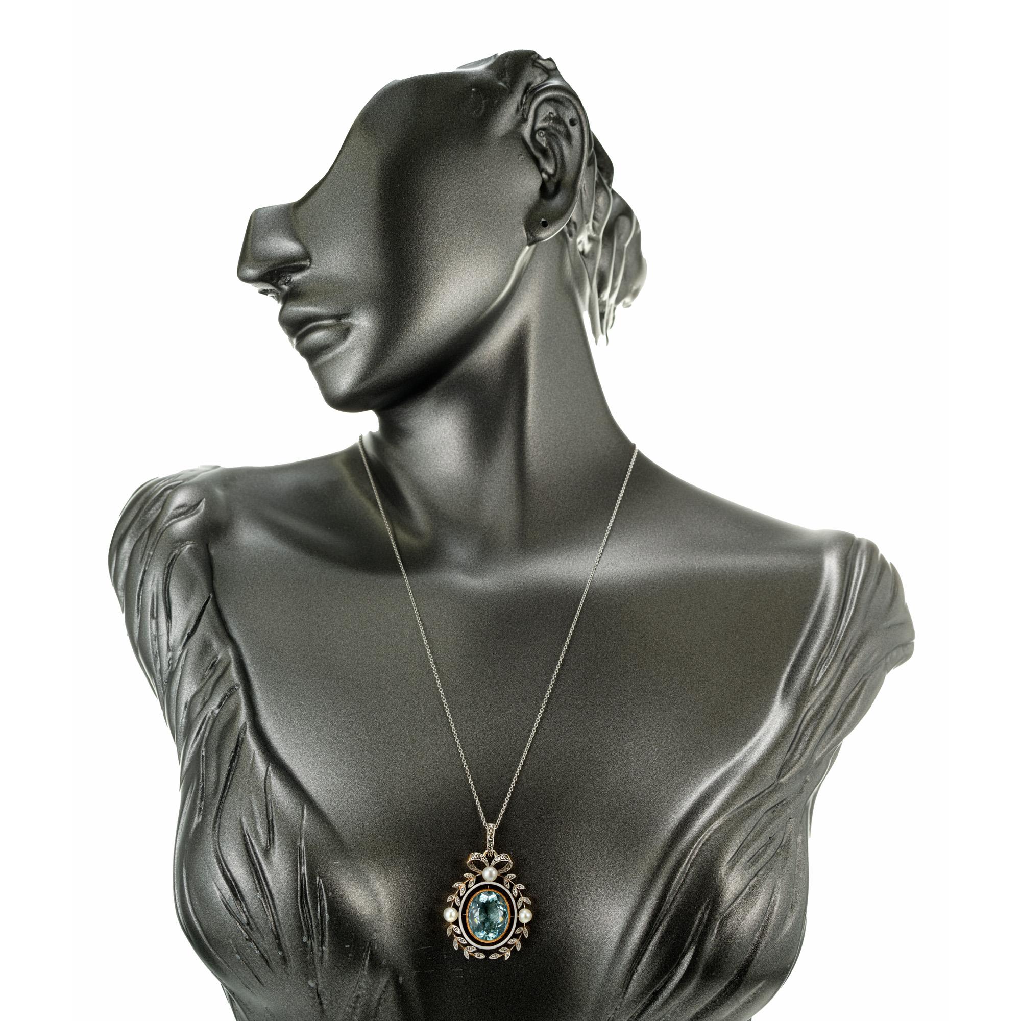 GIA Certified 7.00 Carat Aqua Pearl Diamond Platinum Victorian Pendant Necklace For Sale 2