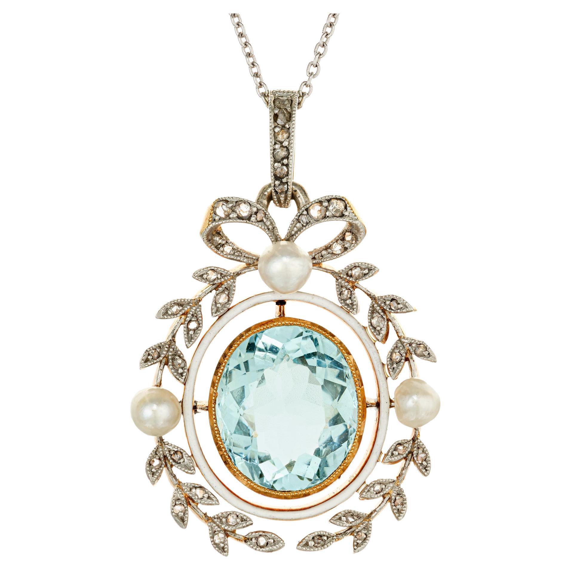 GIA Certified 7.00 Carat Aqua Pearl Diamond Platinum Victorian Pendant Necklace For Sale