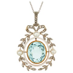 Antique GIA Certified 7.00 Carat Aqua Pearl Diamond Platinum Victorian Pendant Necklace