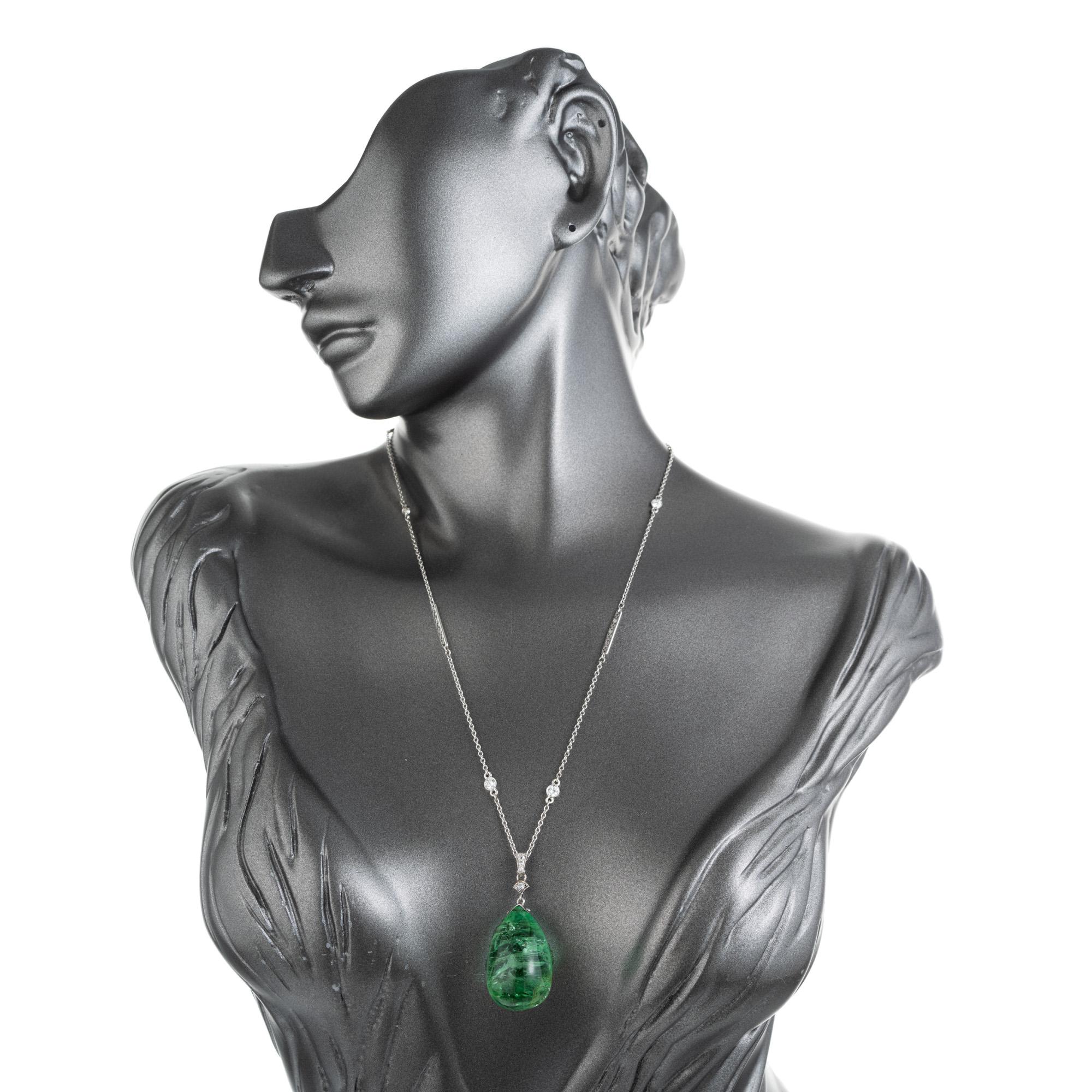 Women's GIA Certified 70.00 Carat Tear Drop Emerald Diamond Platinum Pendant Necklace For Sale