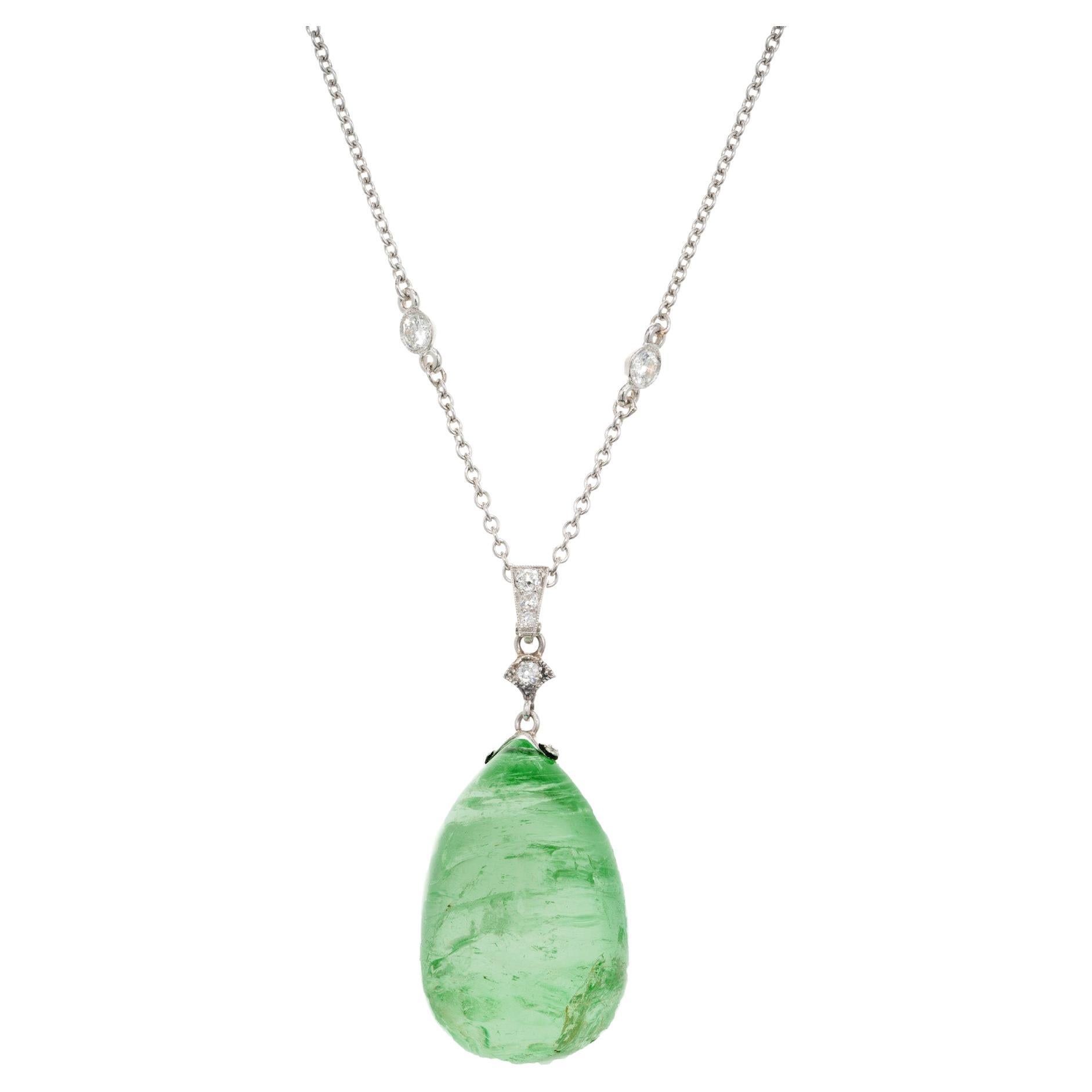 GIA Certified 70.00 Carat Tear Drop Emerald Diamond Platinum Pendant Necklace For Sale