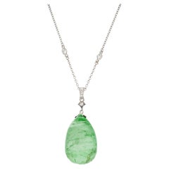 Antique GIA Certified 70.00 Carat Tear Drop Emerald Diamond Platinum Pendant Necklace