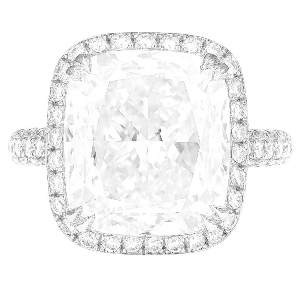 GIA zertifiziert 7,01 Karat E VS1 Kissenschliff Diamant Halo Pavé Ring im Zustand „Neu“ im Angebot in Chicago, IL