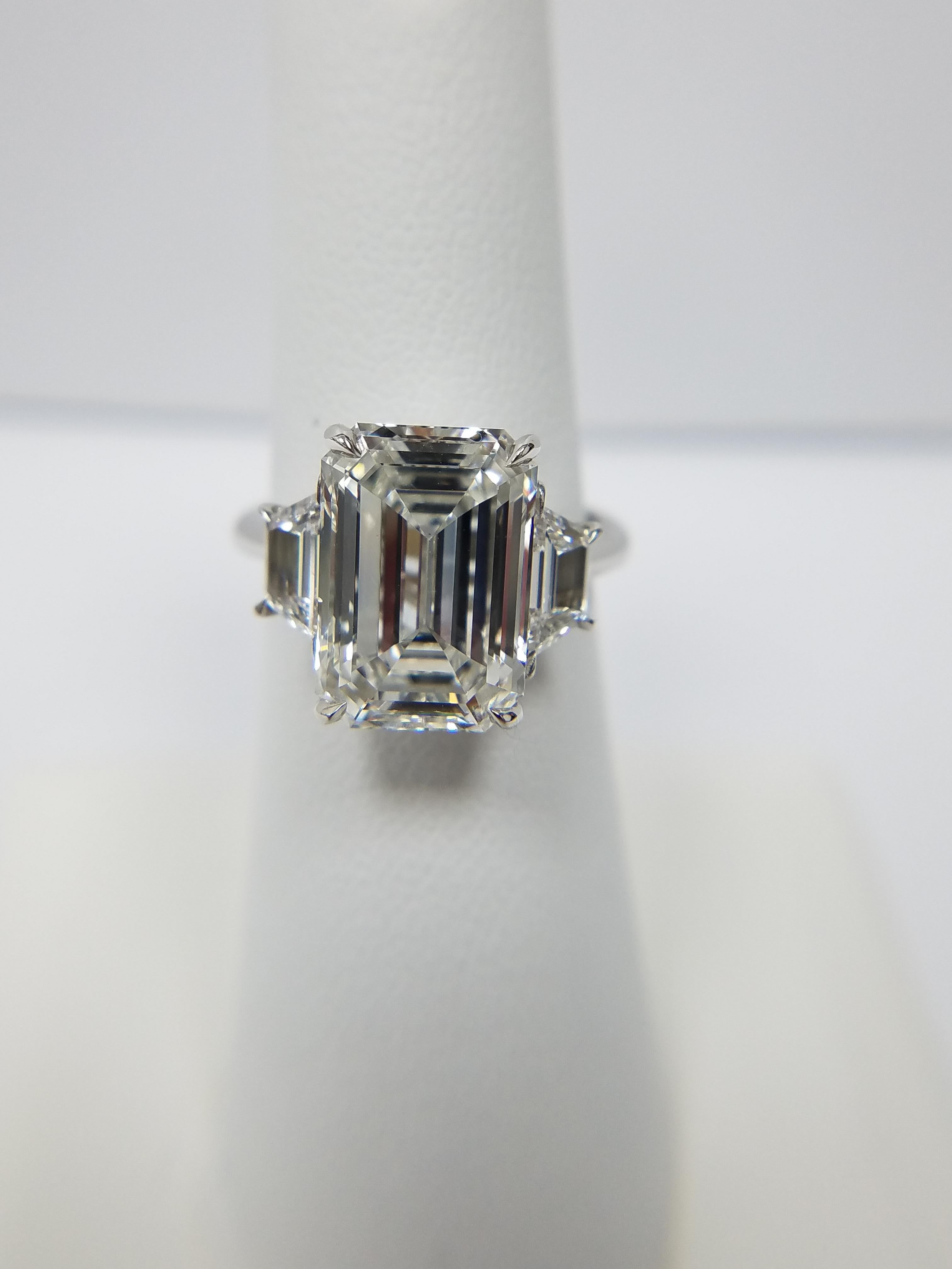 Modern GIA Certified 7.01 Carat Emeralds Cut Ring F VS2 by Louis Newman & Co