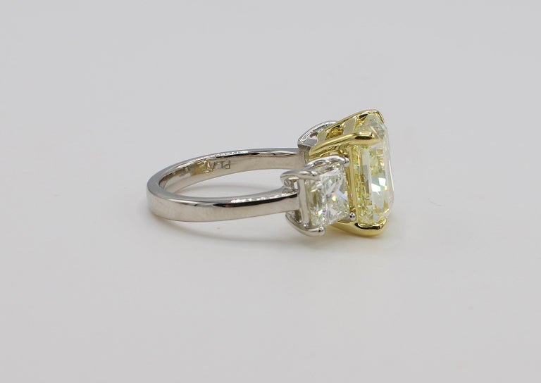Modern GIA Certified 7.01 Carat Light Yellow Platinum Diamond 3-Stone Engagement Ring