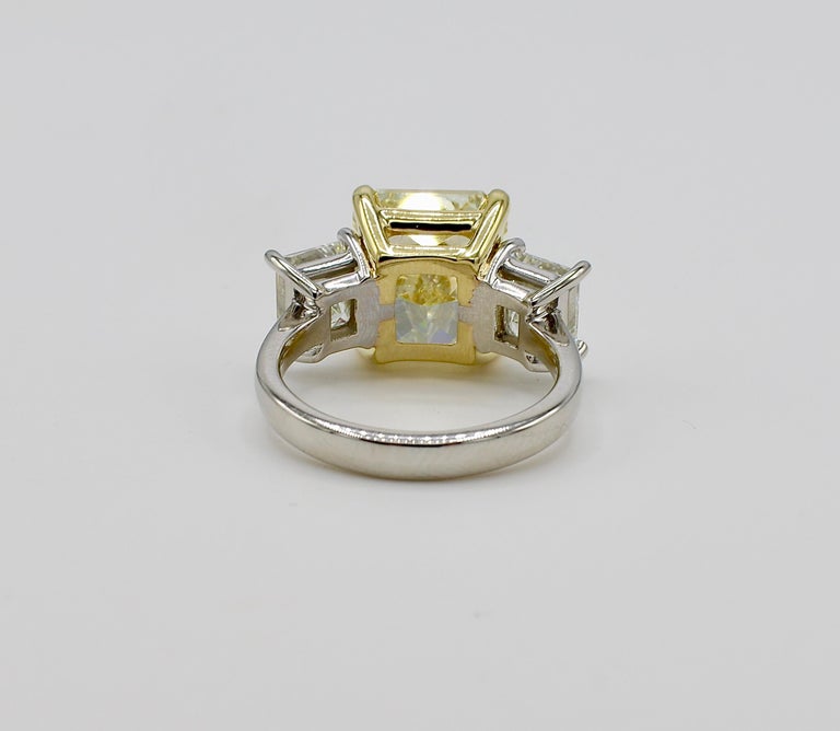 Radiant Cut GIA Certified 7.01 Carat Light Yellow Platinum Diamond 3-Stone Engagement Ring
