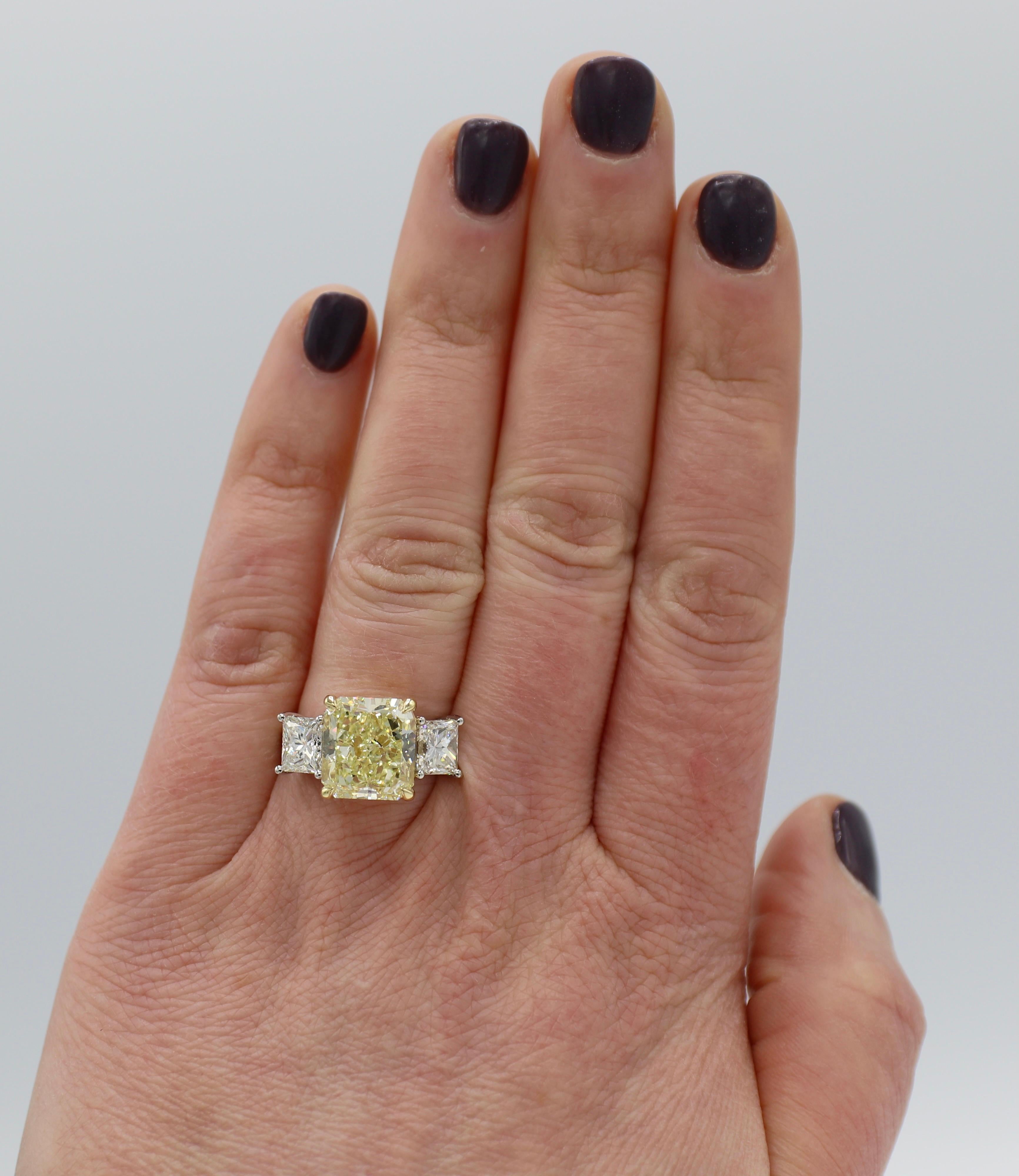 GIA Certified 7.01 Carat Light Yellow Platinum Diamond 3-Stone Engagement Ring 1