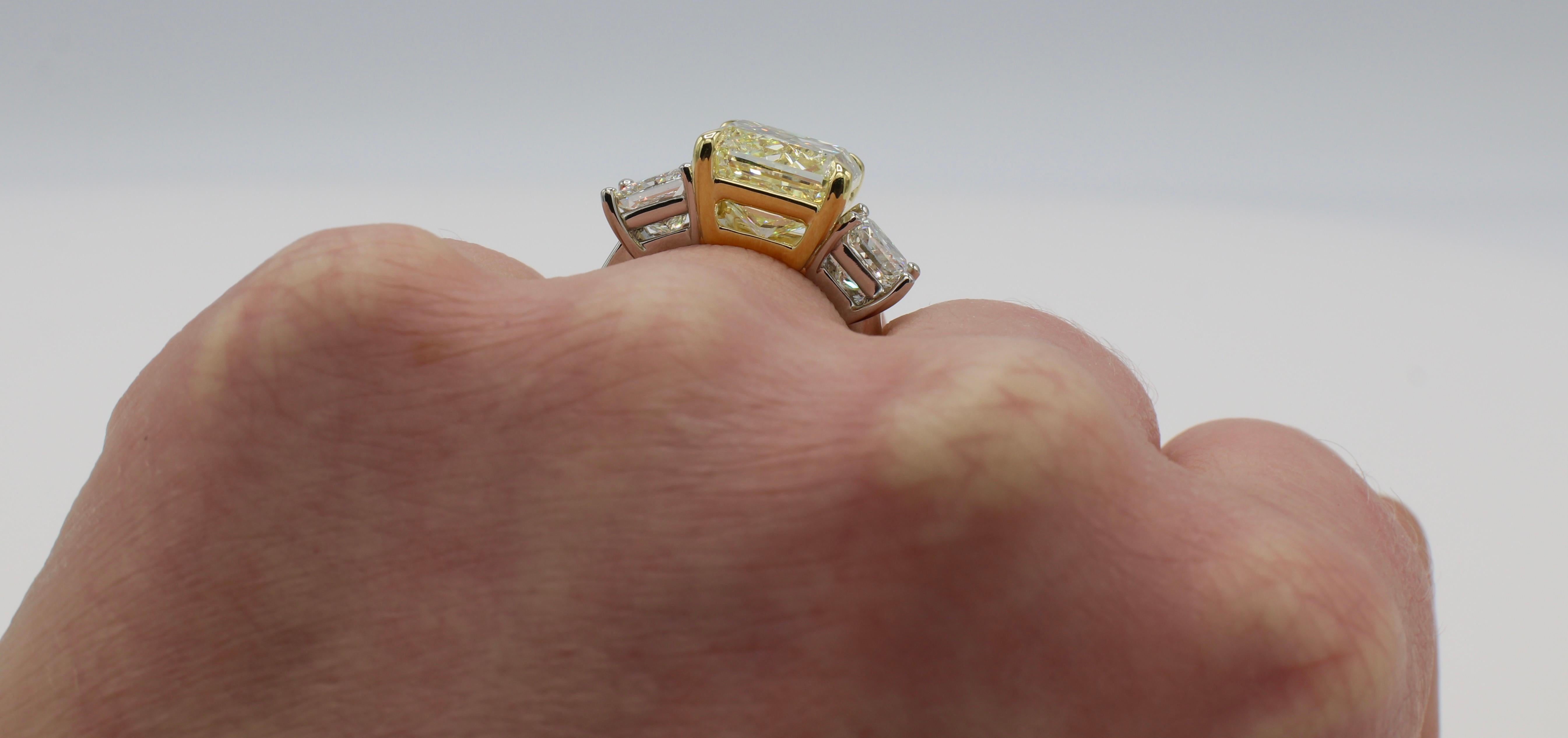 GIA Certified 7.01 Carat Light Yellow Platinum Diamond 3-Stone Engagement Ring 2