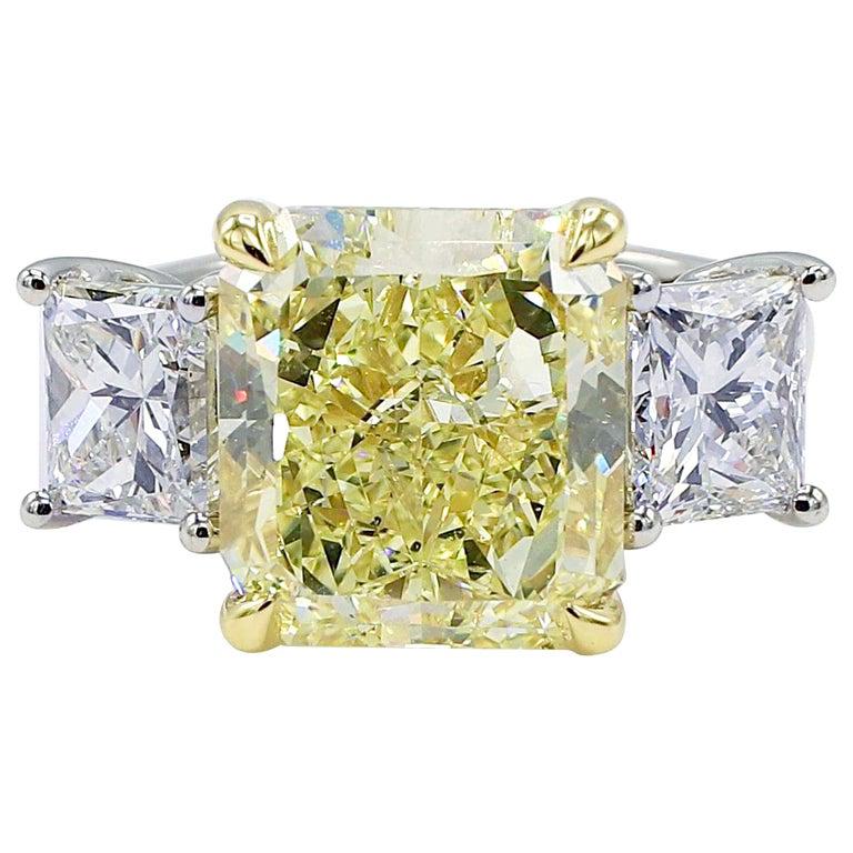 GIA Certified 7.01 Carat Light Yellow Platinum Diamond 3-Stone Engagement Ring