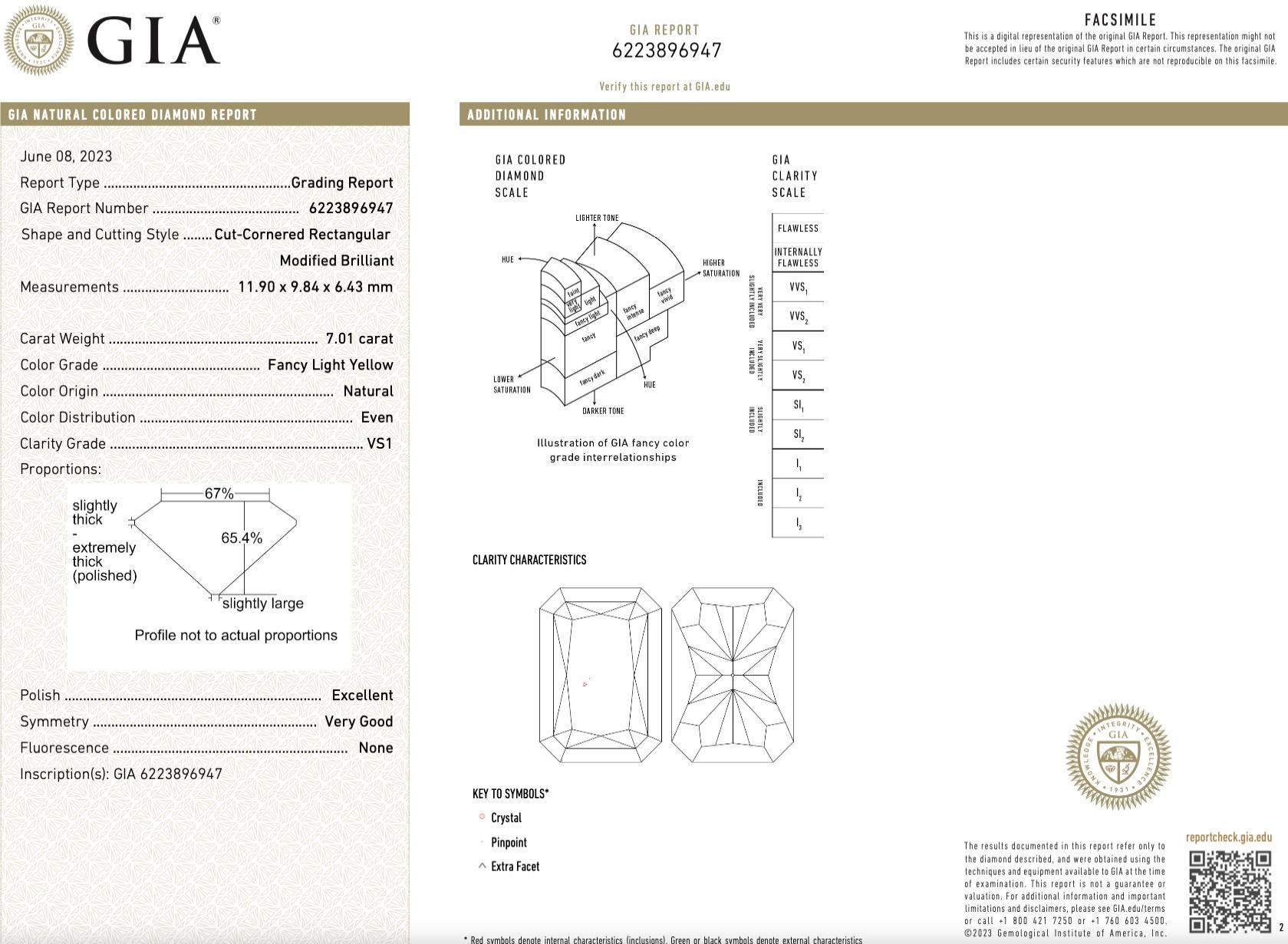 Women's GIA Certified 7.01 Carat Radiant Cut Yellow Diamond Three Stone Ring For Sale