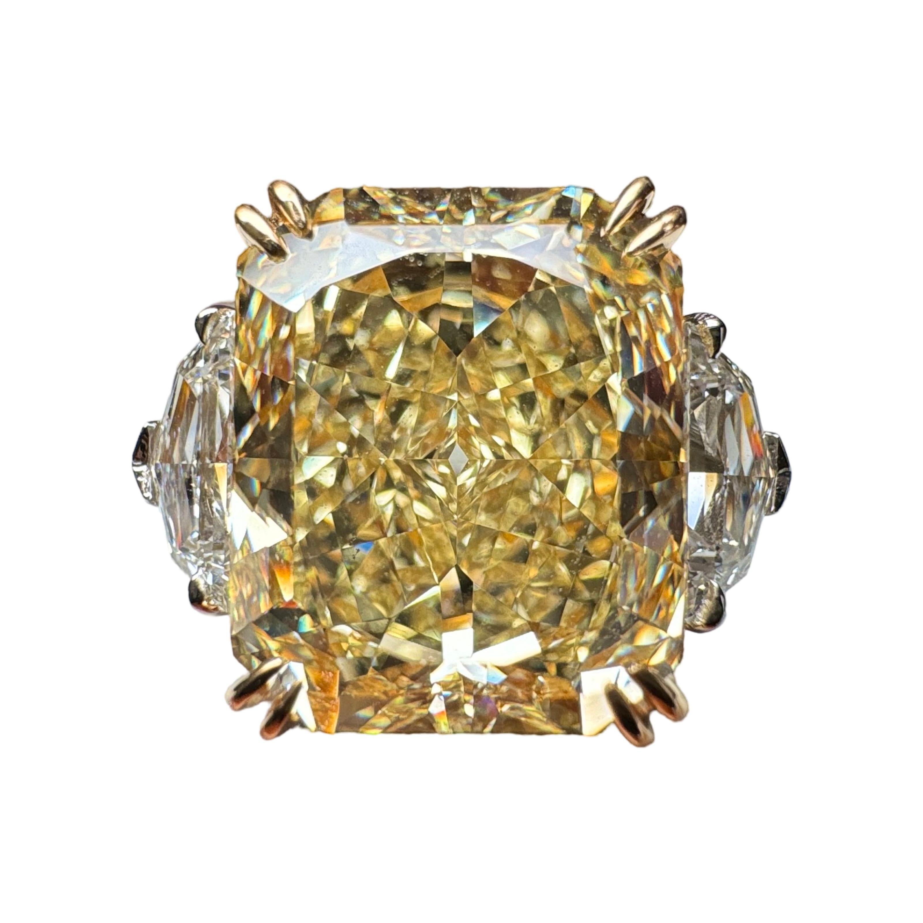 GIA Certified 7.01 Carat Radiant Cut Yellow Diamond Three Stone Ring For Sale 1