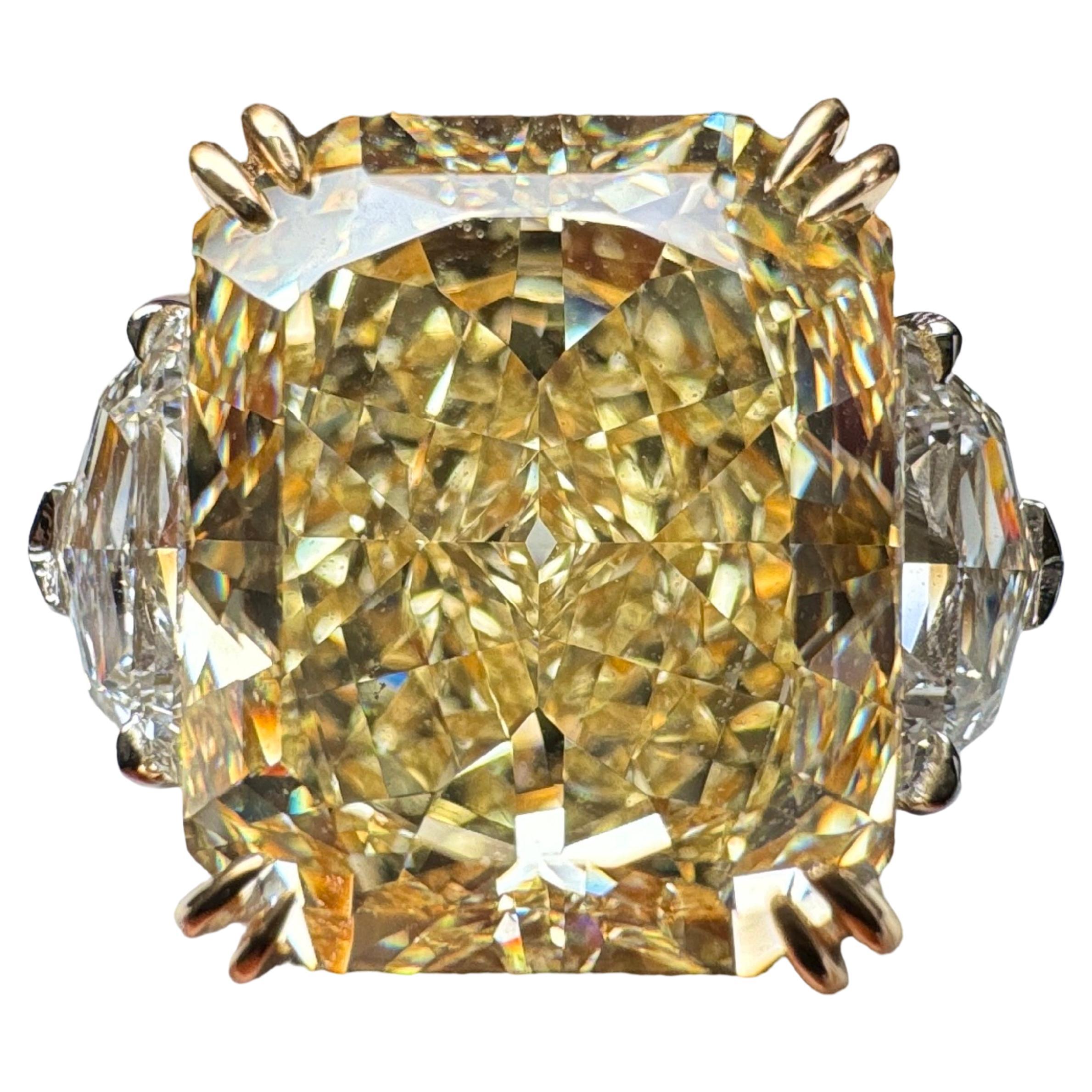 GIA Certified 7.01 Carat Radiant Cut Yellow Diamond Three Stone Ring For Sale