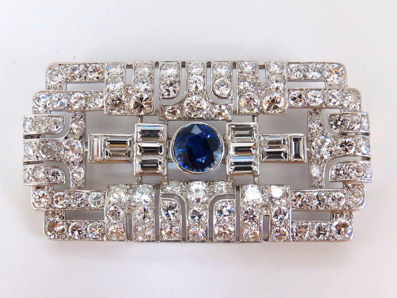 GIA Certified 7.02 Carat Round Sapphire Diamond Platinum Brooch Art Deco Style 5