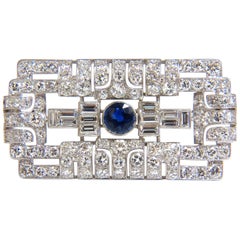 GIA Certified 7.02 Carat Round Sapphire Diamond Platinum Brooch Art Deco Style