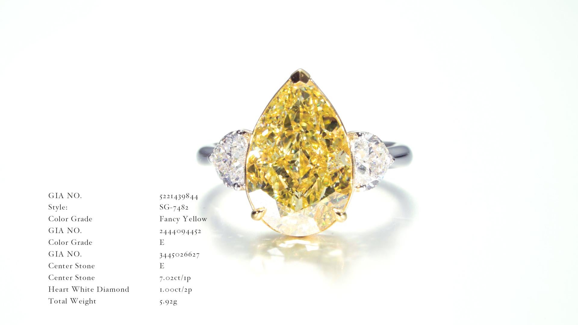 Women's GIA Certified, 7.02ct Natural Fancy Yellow Pear Shape Diamond Ring in 18KT For Sale