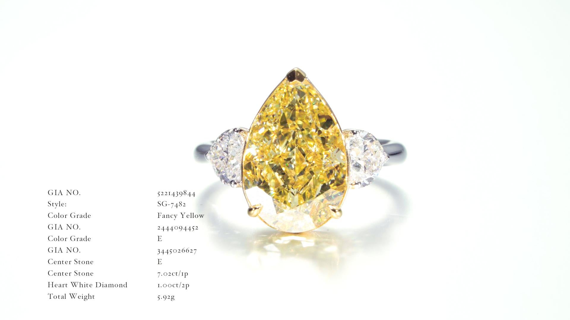 Women's GIA Certified, 7.02ct Natural Fancy Yellow Pear Shape Diamond Ring in 18KT  For Sale