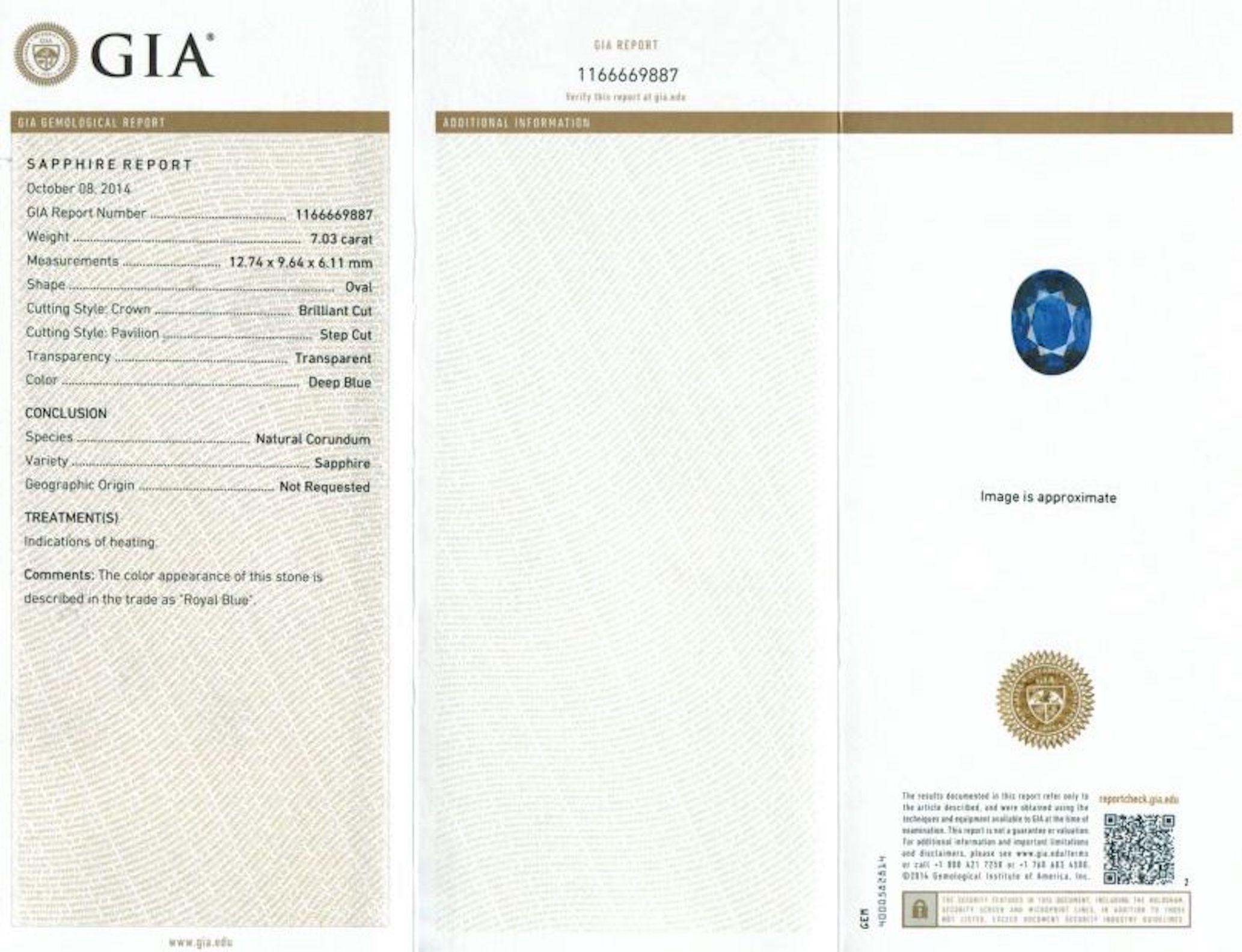 Moderne Saphir bleu naturel certifié GIA de 7,03 carats serti dans une bague à diamant en platine  en vente