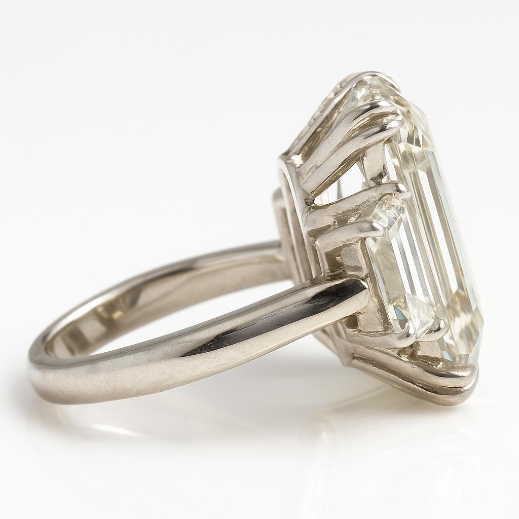 Audacieuse et intemporelle, cette exceptionnelle bague en platine met en valeur un magnifique diamant taille émeraude de 7,04 carats certifié par le GIA, flanqué de deux diamants trapèze taille échelon parfaitement assortis. Le diamant central