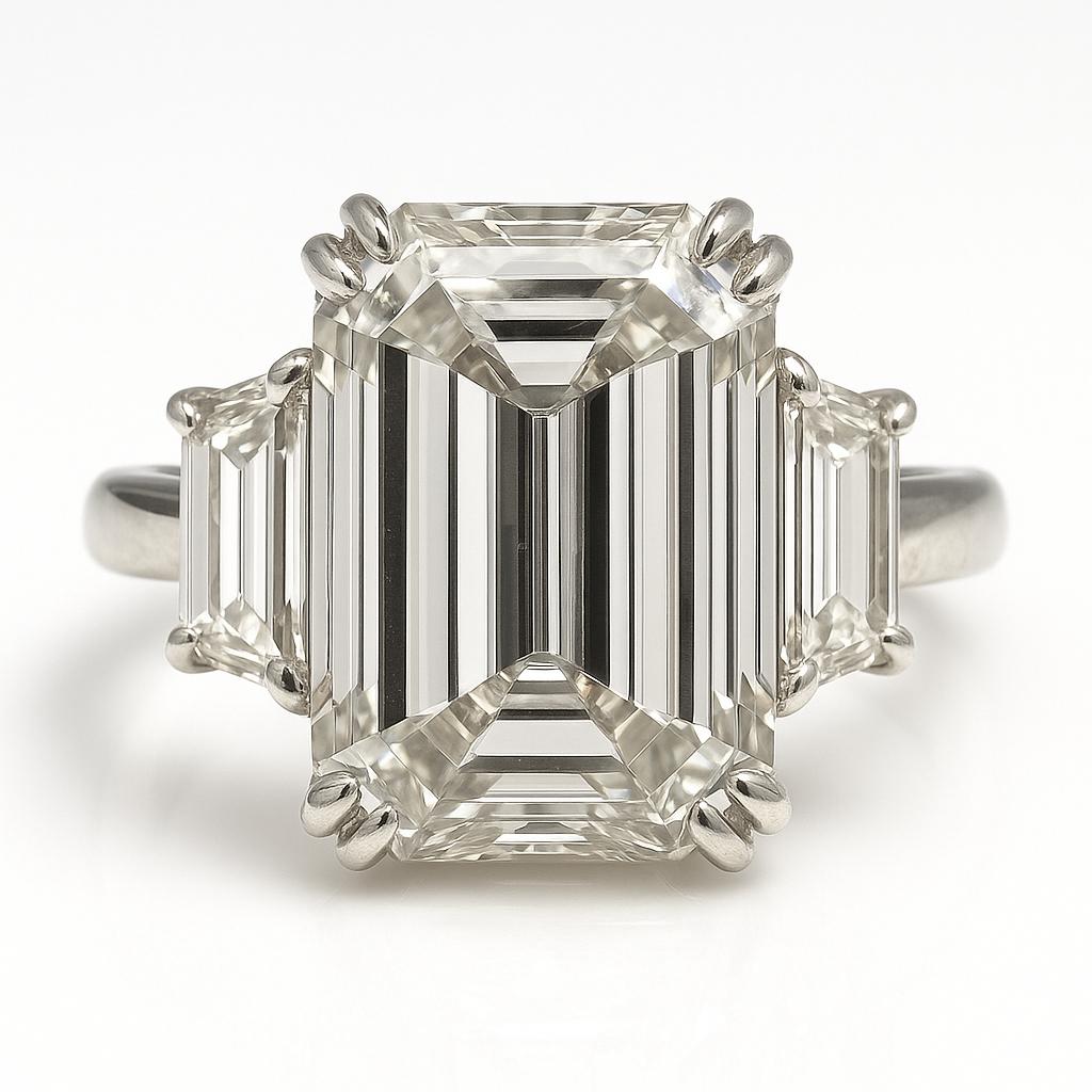 Taille émeraude GIA Certified 7.04 Carat H VS2 Emerald Cut Diamond Platinum Three-Stone Ring (bague à trois pierres en platine) en vente