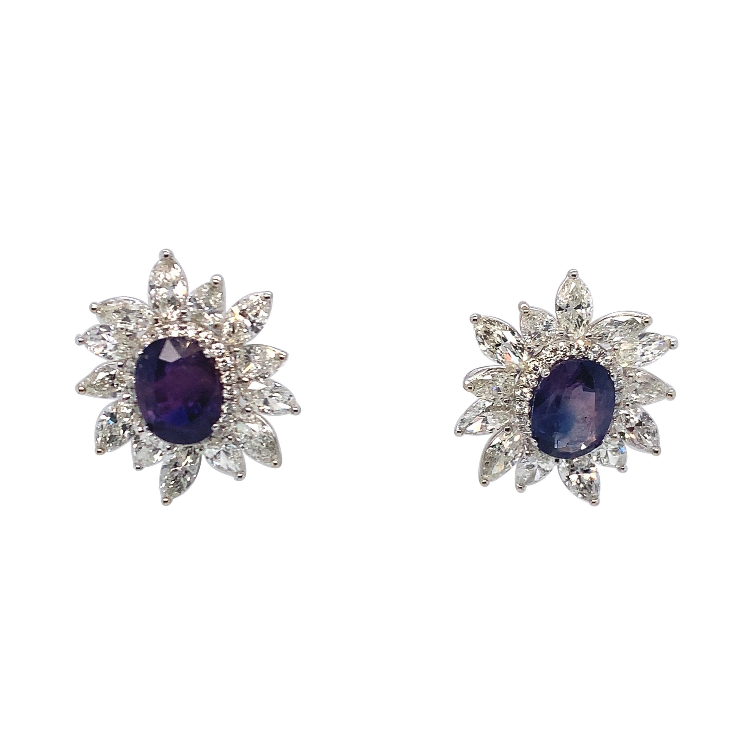 GIA Certified 7.05 Carat Blue Kashmir Sapphire Diamond Earrings in 18K Gold For Sale
