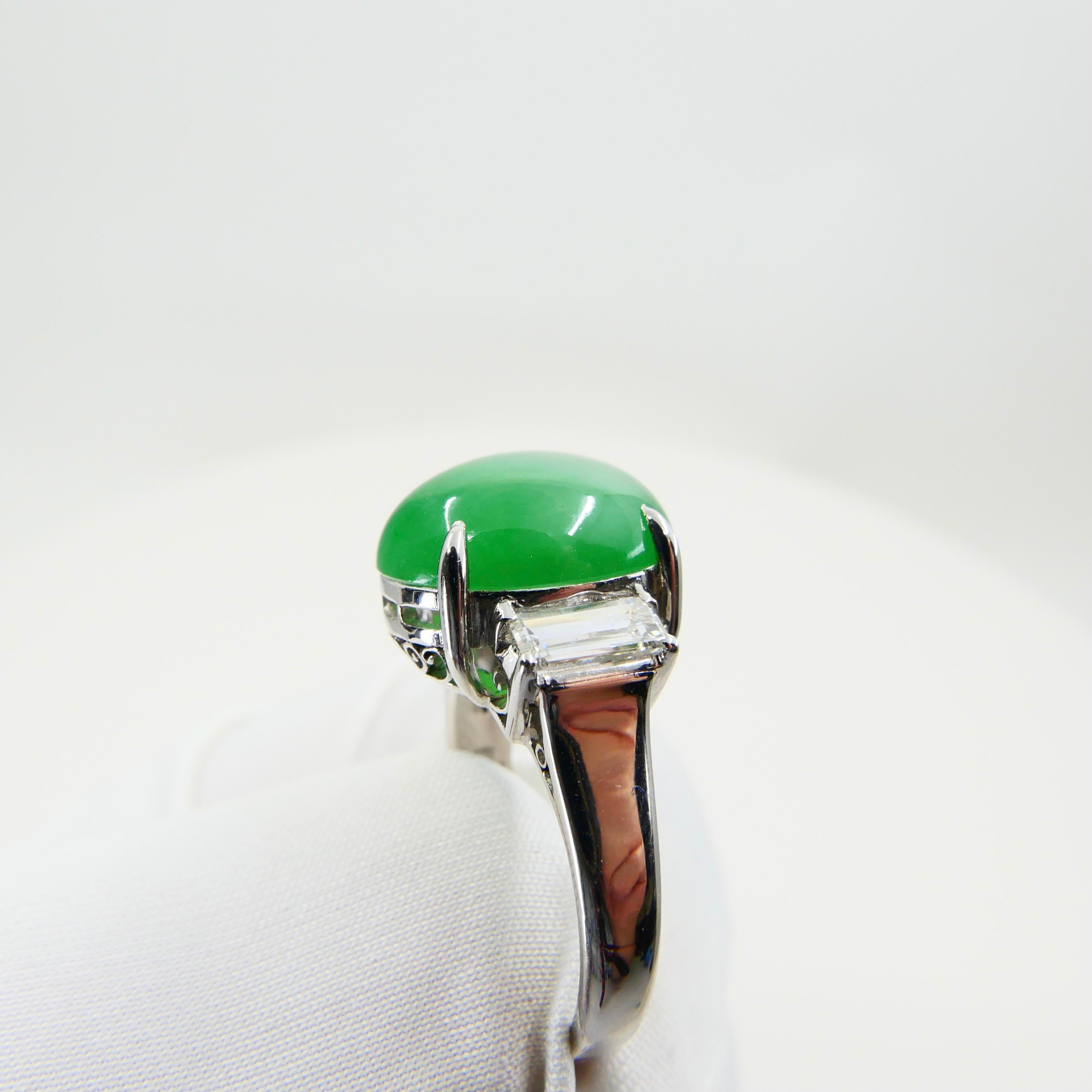 GIA Certified 7.06 Cts Jade & Diamond 3 Stone Vintage Ring, Light Apple Green 1