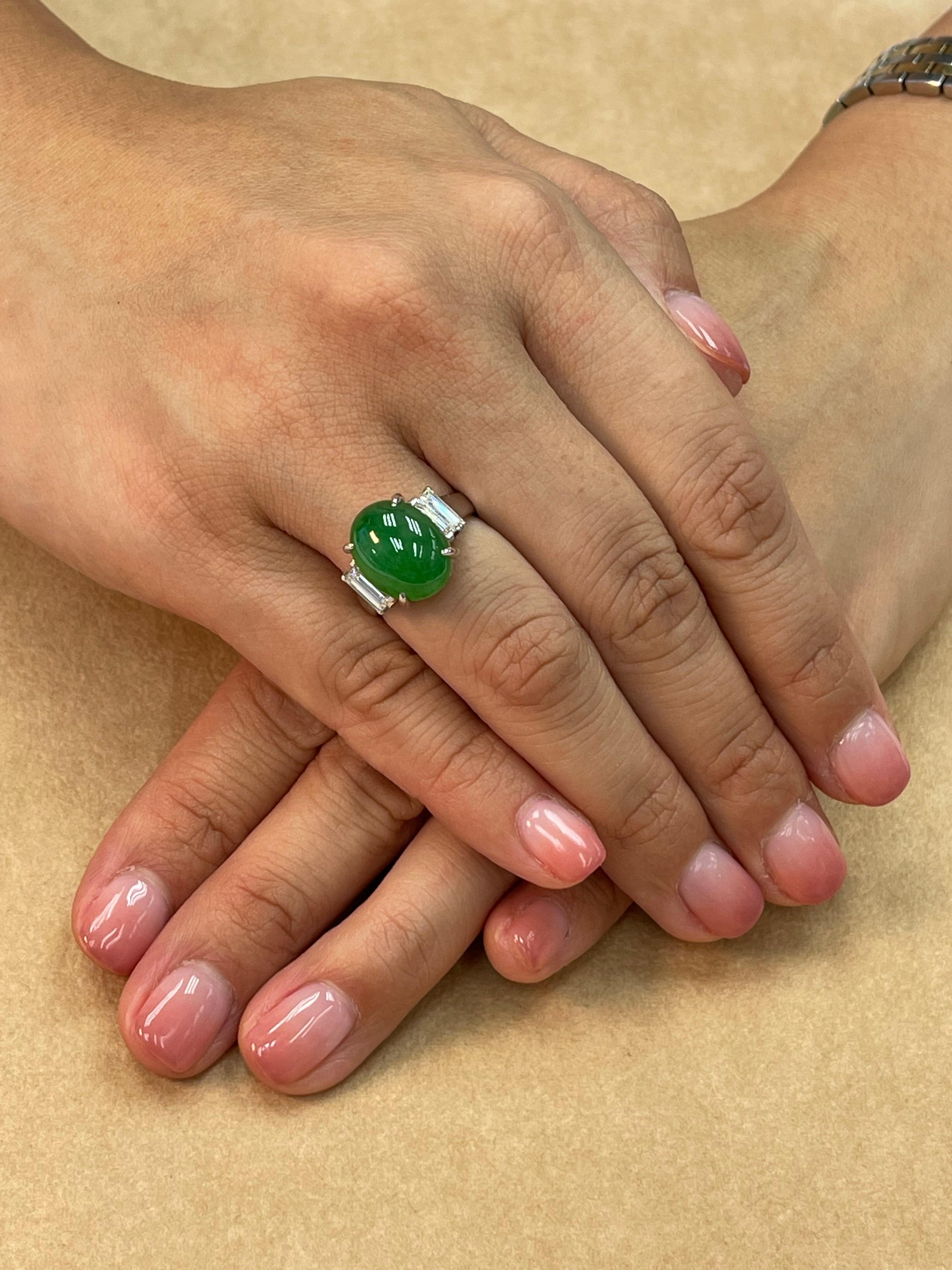 GIA Certified 7.06 Cts Jade & Diamond 3 Stone Vintage Ring, Light Apple Green 2