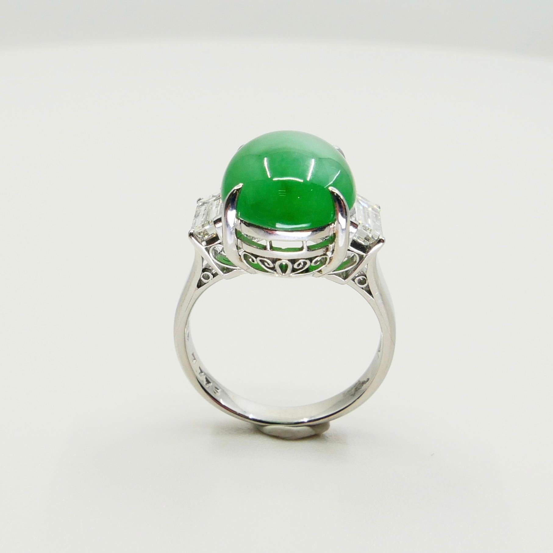 GIA Certified 7.06 Cts Jade & Diamond 3 Stone Vintage Ring, Light Apple Green 3