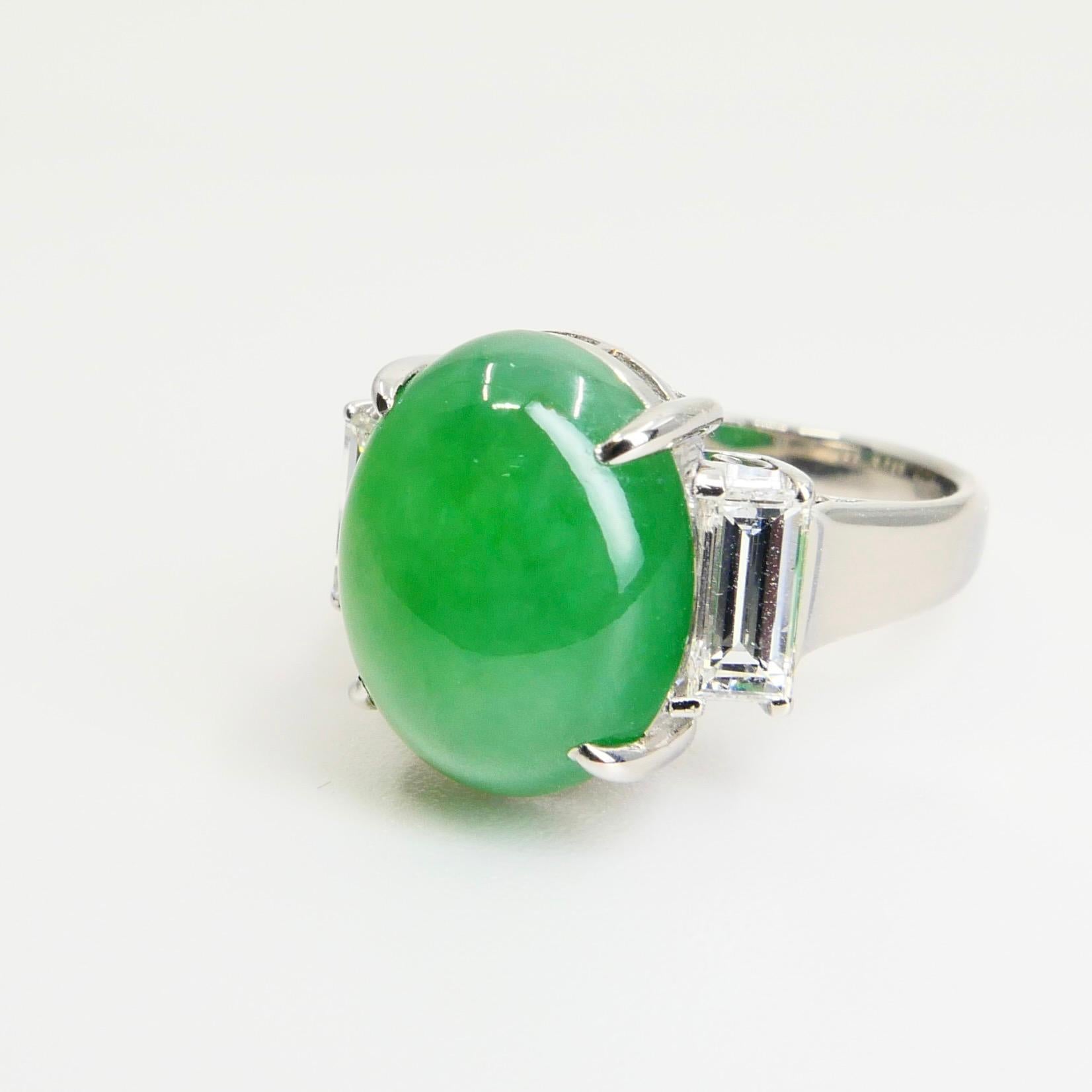 GIA Certified 7.06 Cts Jade & Diamond 3 Stone Vintage Ring, Light Apple Green 4