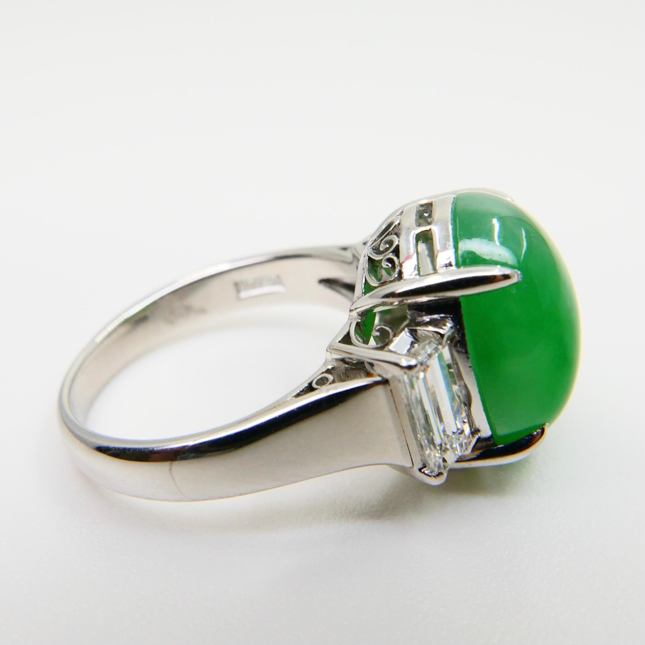 GIA Certified 7.06 Cts Jade & Diamond 3 Stone Vintage Ring, Light Apple Green 5