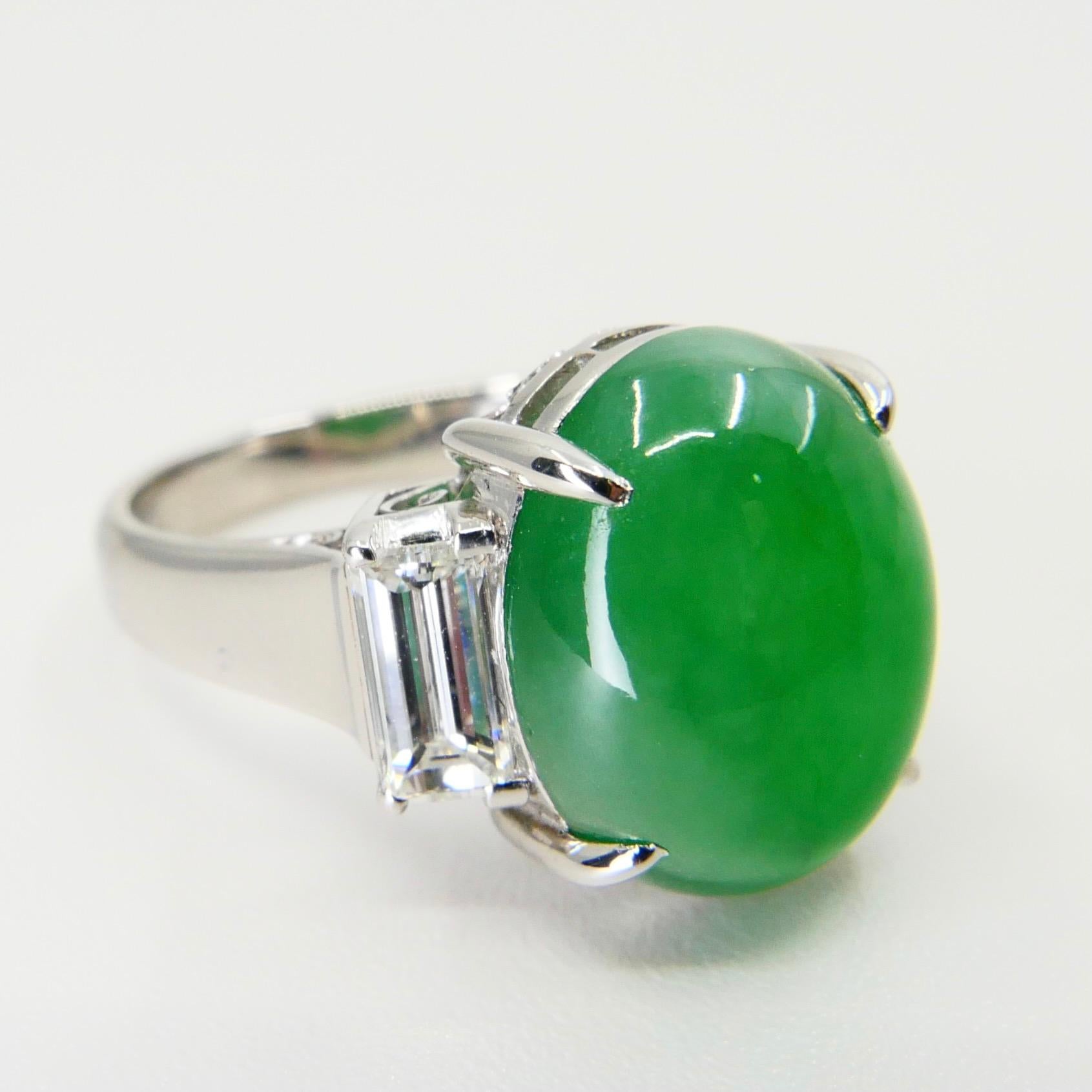 GIA Certified 7.06 Cts Jade & Diamond 3 Stone Vintage Ring, Light Apple Green 6