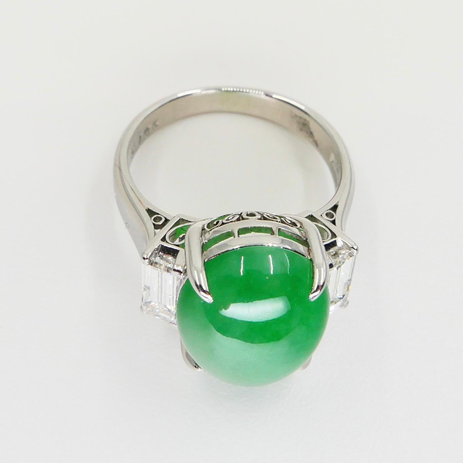 GIA Certified 7.06 Cts Jade & Diamond 3 Stone Vintage Ring, Light Apple Green 7