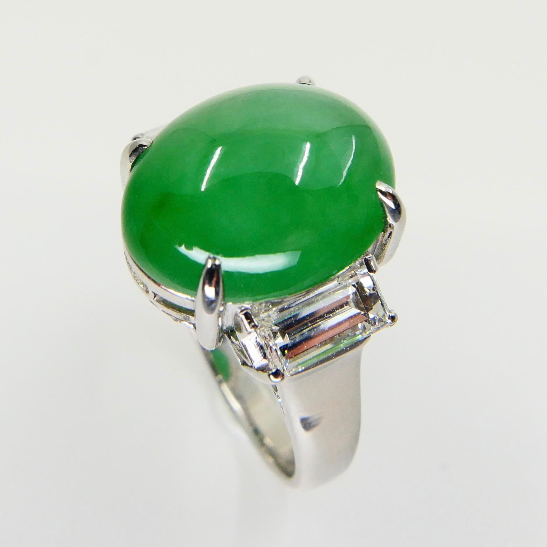Contemporary GIA Certified 7.06 Cts Jade & Diamond 3 Stone Vintage Ring, Light Apple Green