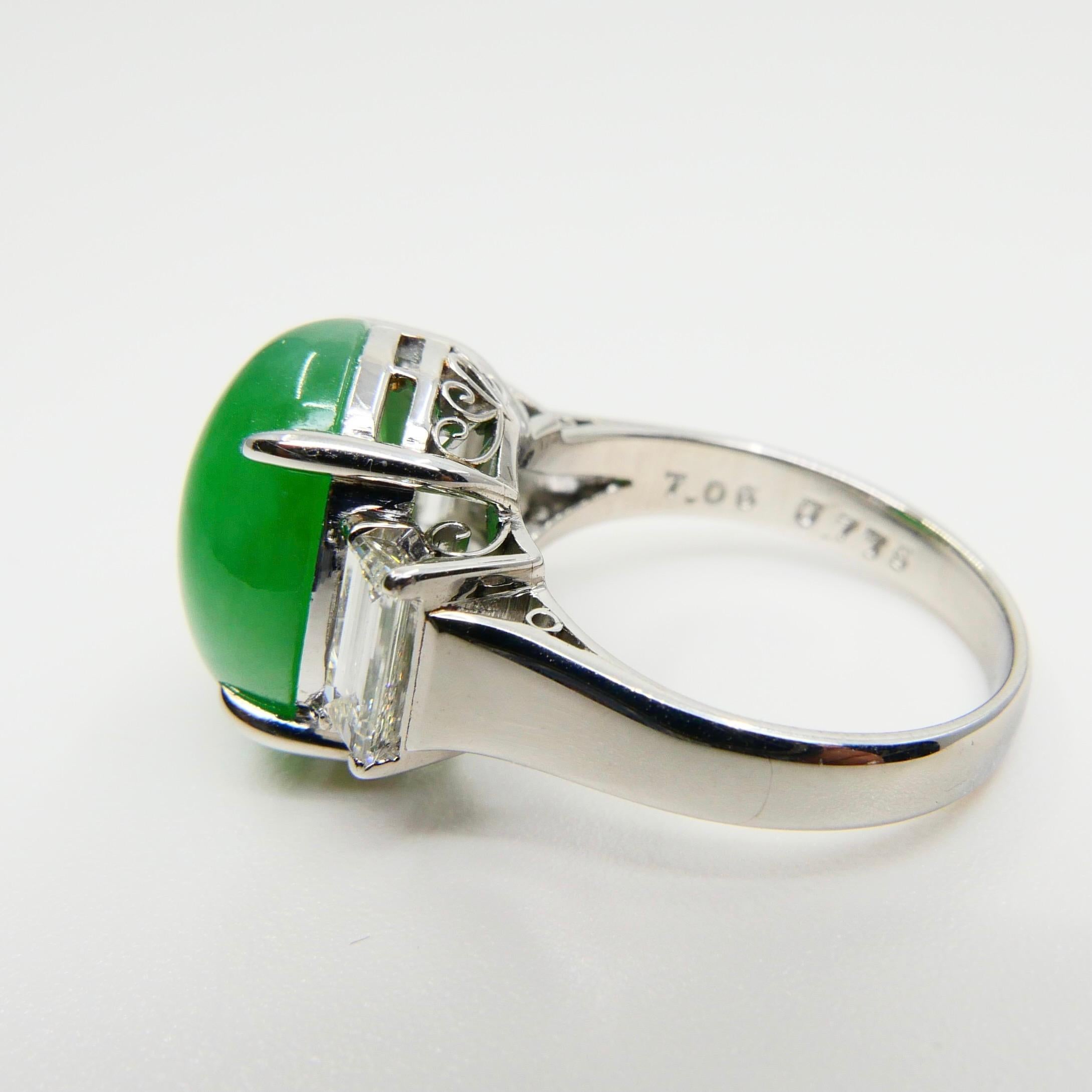 GIA Certified 7.06 Cts Jade & Diamond 3 Stone Vintage Ring, Light Apple Green In Good Condition In Hong Kong, HK