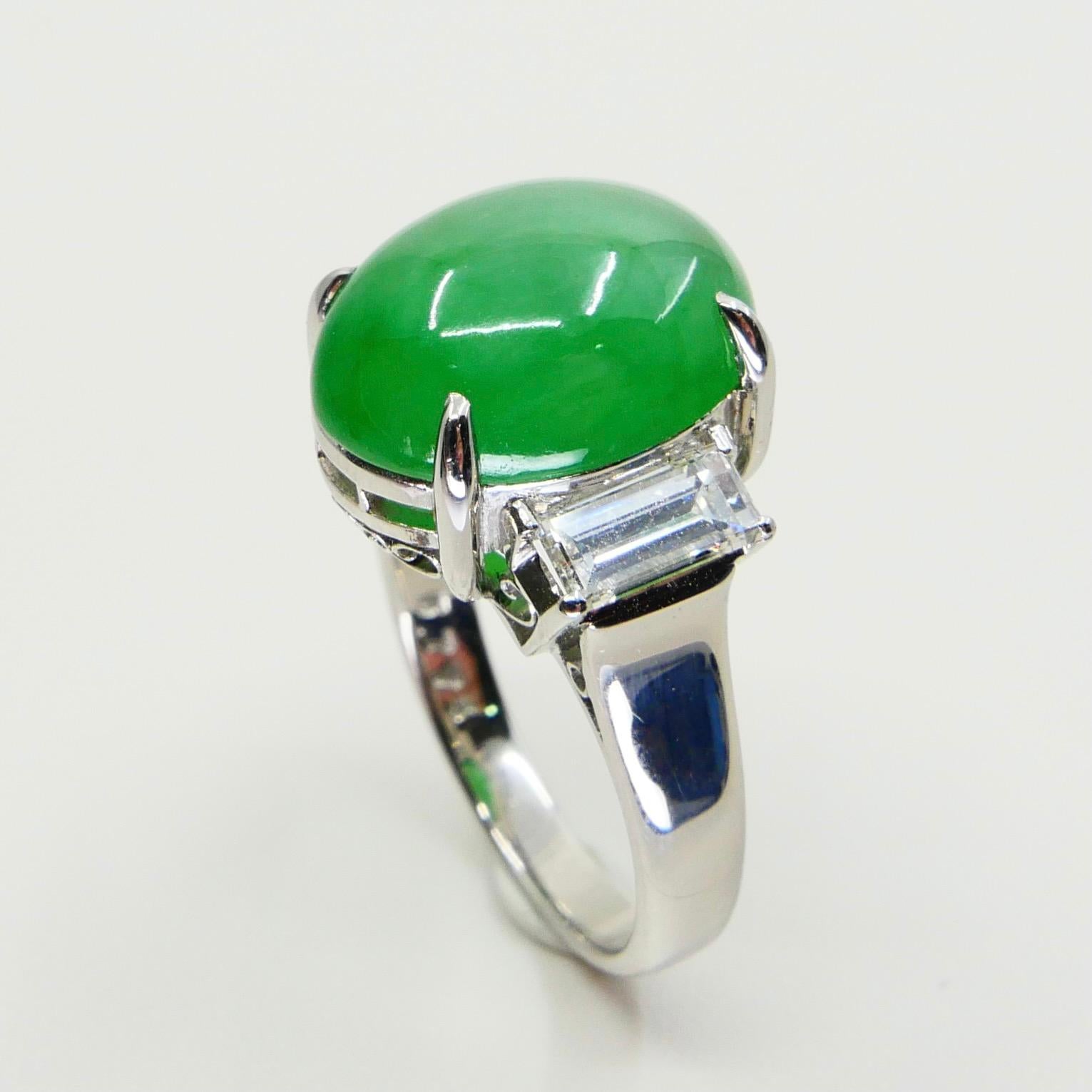 Women's GIA Certified 7.06 Cts Jade & Diamond 3 Stone Vintage Ring, Light Apple Green