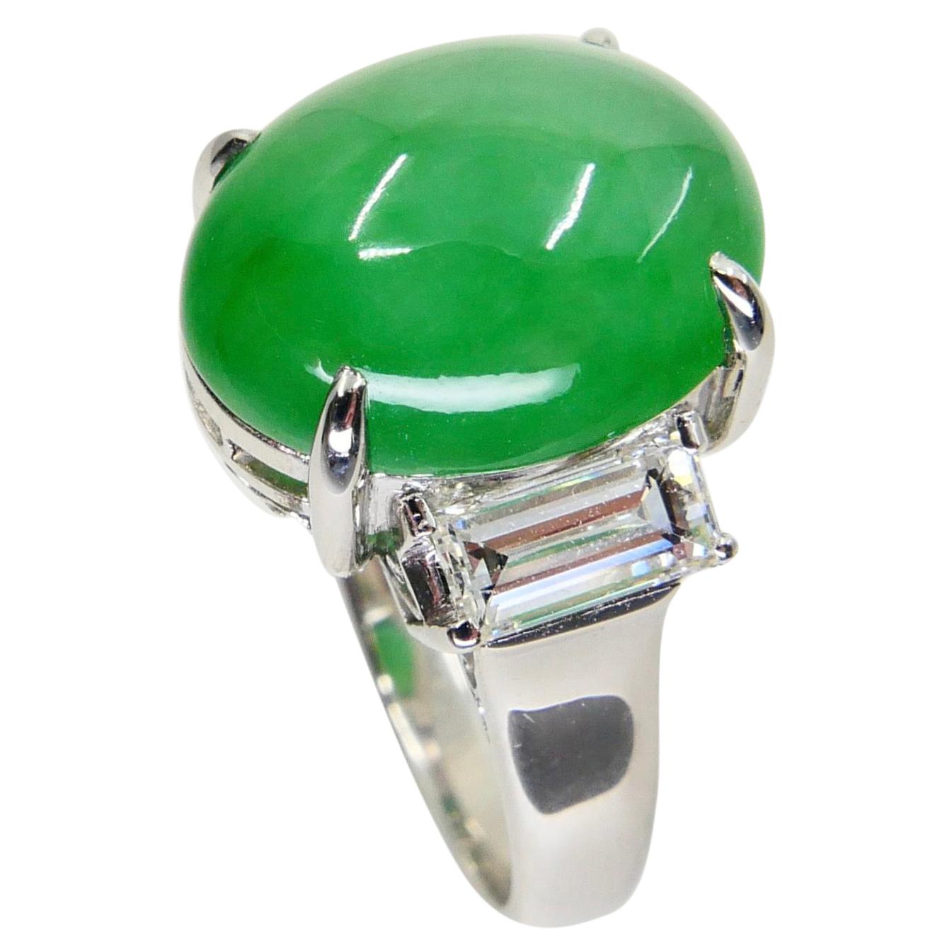 GIA Certified 7.06 Cts Jade & Diamond 3 Stone Vintage Ring, Light Apple Green