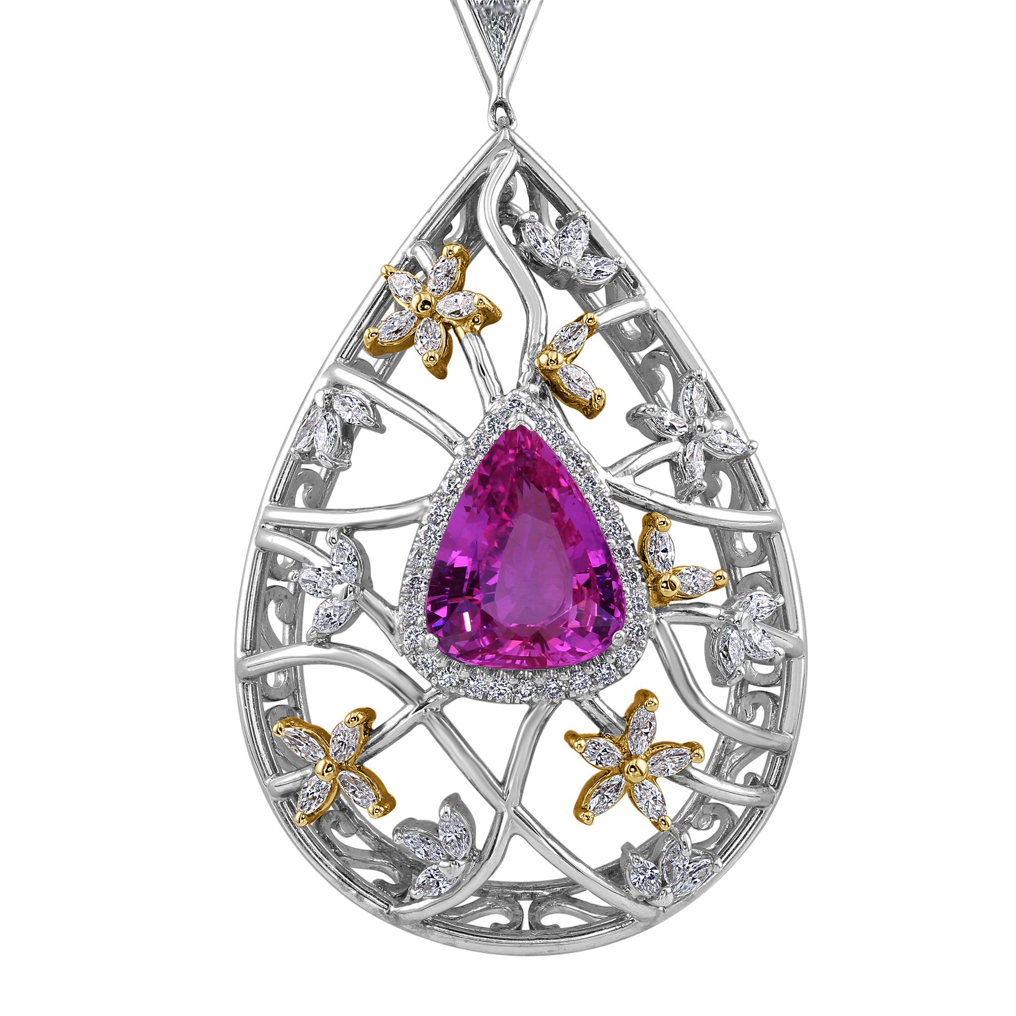 GIA Certified 7.07 carat Pear-shape pink sapphire, gorgeously embellished with intricate floral designs, hanging on alternating round and kite shaped diamonds.

Total diamond weight: 6.29 carat

Clasp: Tongue in box clasp with safety hatch.

Length: