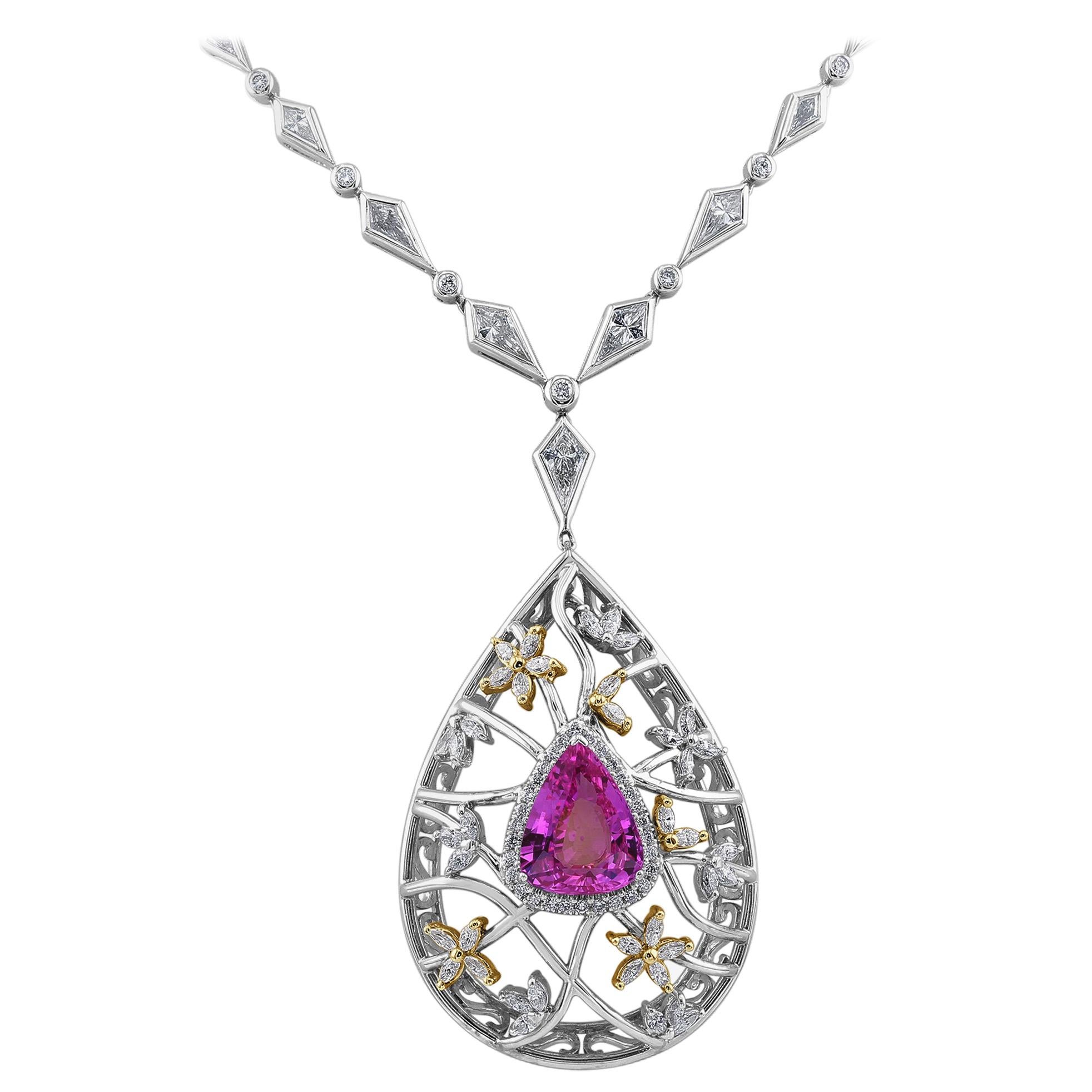 GIA Certified 7.07 Carat Pink Sapphire Necklace Set in White Gold For Sale