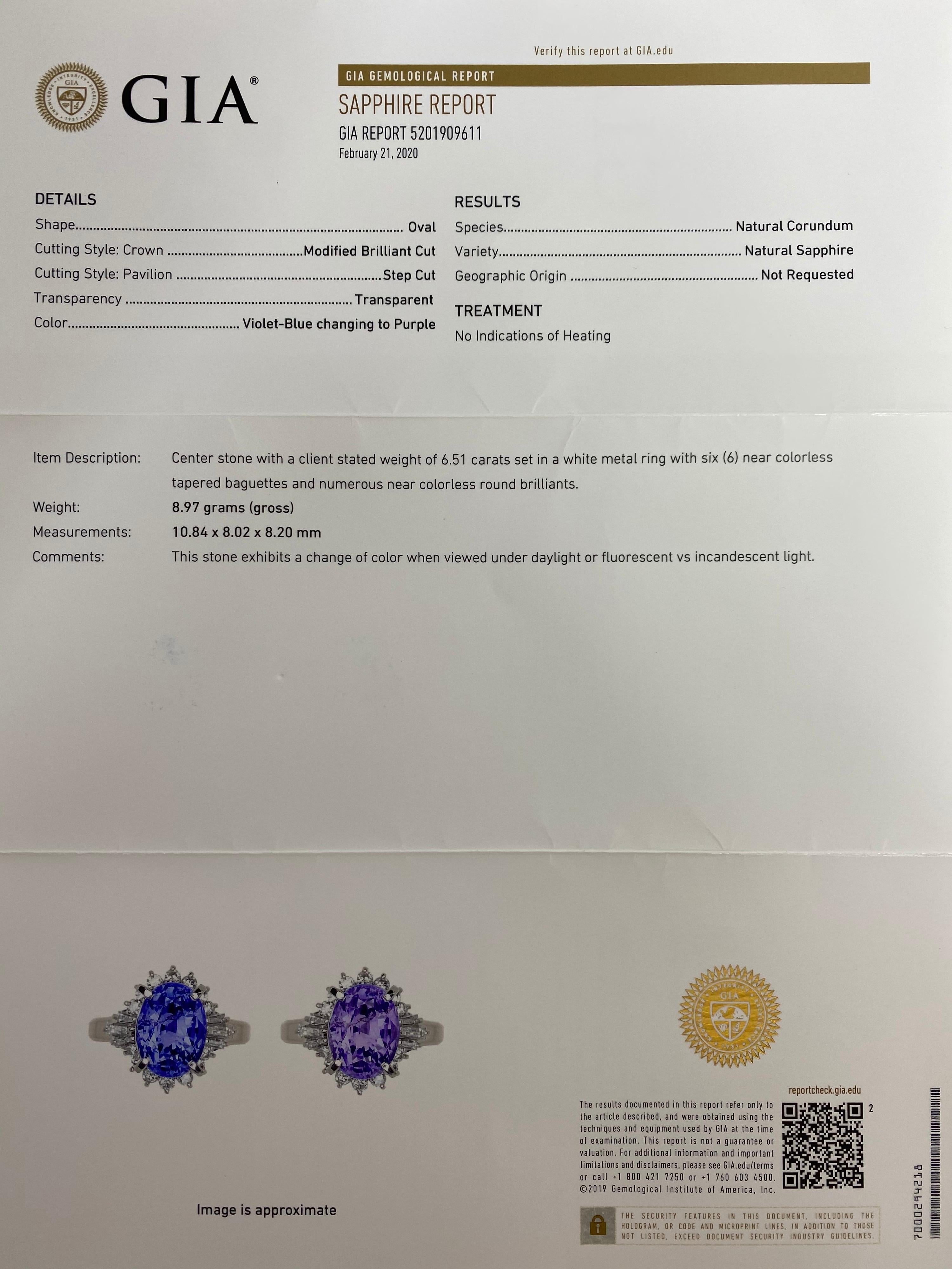 GIA Certified 7.08 Carat Untreated Color Change Sapphire & Diamond Cocktail Ring In Excellent Condition For Sale In Birmingham, GB