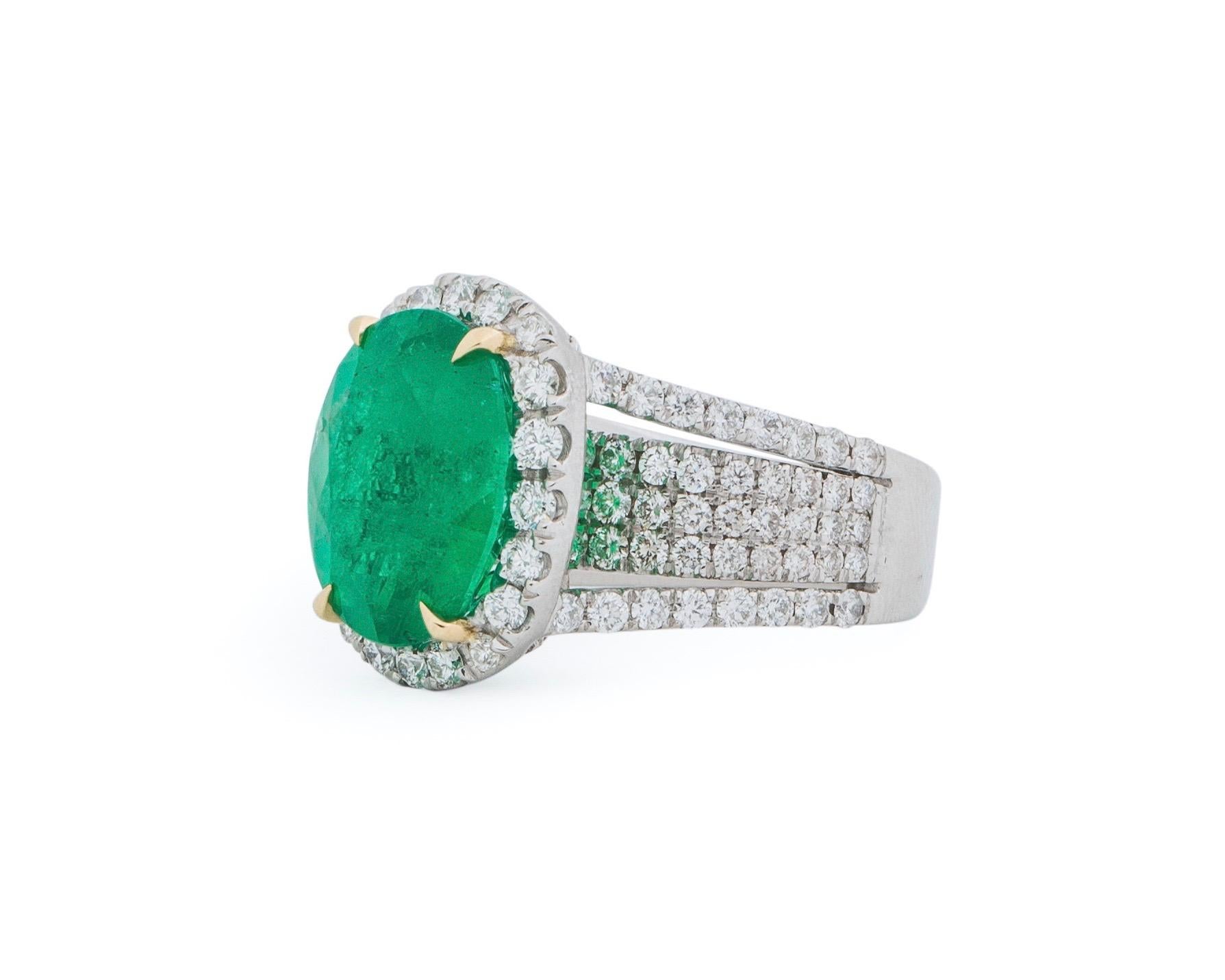 This incredible GIA Certified Colombian Emerald ring is a true treasure . The oval cut emerald weighs 7.09 carats and measures 14.47 x 11.78 x 7.82 mm. It has the desirable green color that is so mesmerizing. An excellent statement piece. The