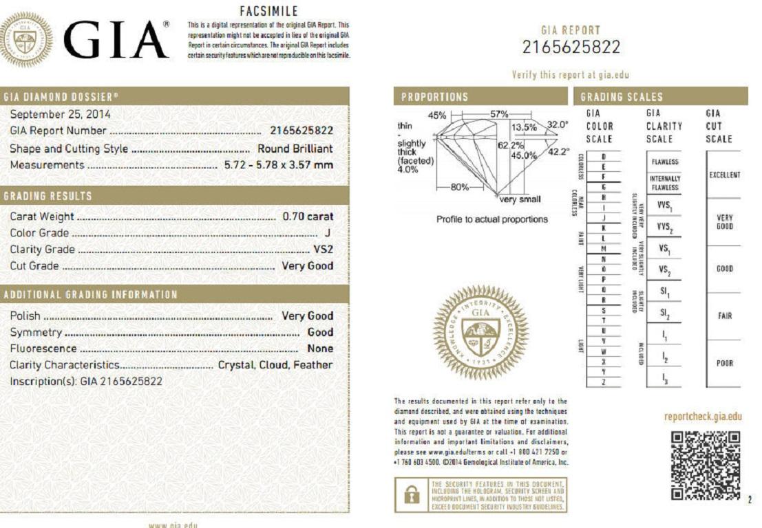 GIA .70ct. Round, brilliant diamond ring

Report: 2165625822

(please see certificate scan in photo menu)

J-color, vs-2 clarity.

Very Good Cut

Very Good Polish

 Good Symmetry



Side diamonds & on band:

1.00ct. Rounds, full cut

G-color Vs-2