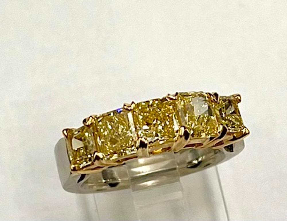 Radiant Cut GIA Certified .70CT Fancy Intense Yellow-VS1 5 Stone Band For Sale
