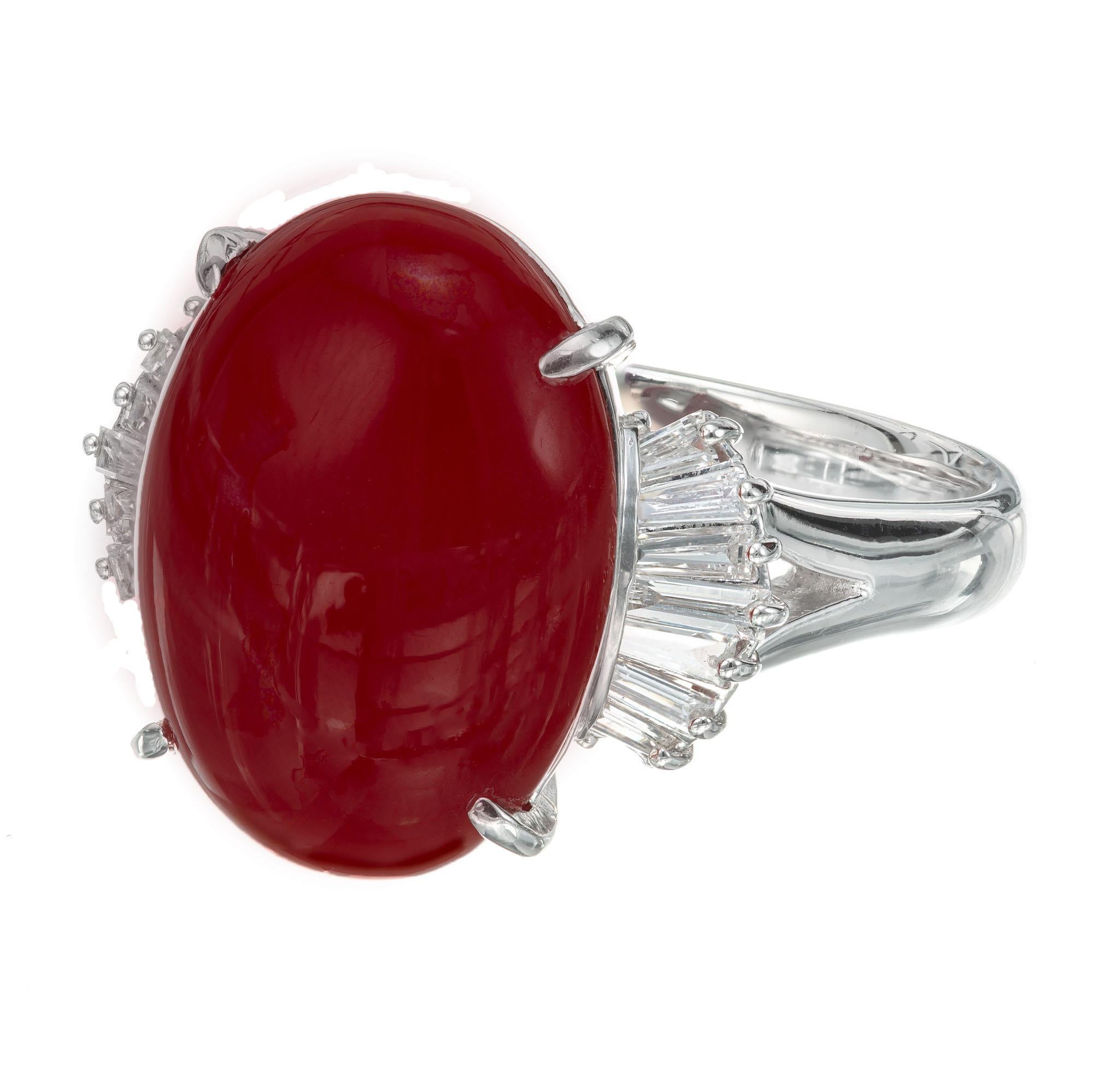Cabochon GIA Certified 7.11 Carat Coral Diamond Platinum Ring For Sale