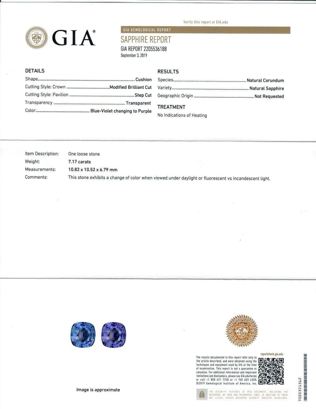 Modern GIA Certified 7.17 Carat No Heating Changing Color Sapphire For Sale