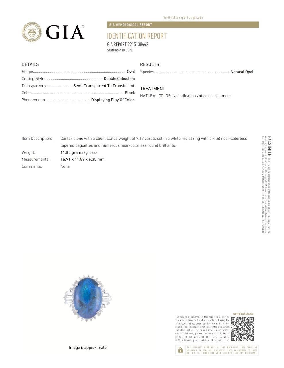 Women's or Men's GIA Certified 7.17 Carat Natural Australian Black Fire Opal Platinum Ring For Sale