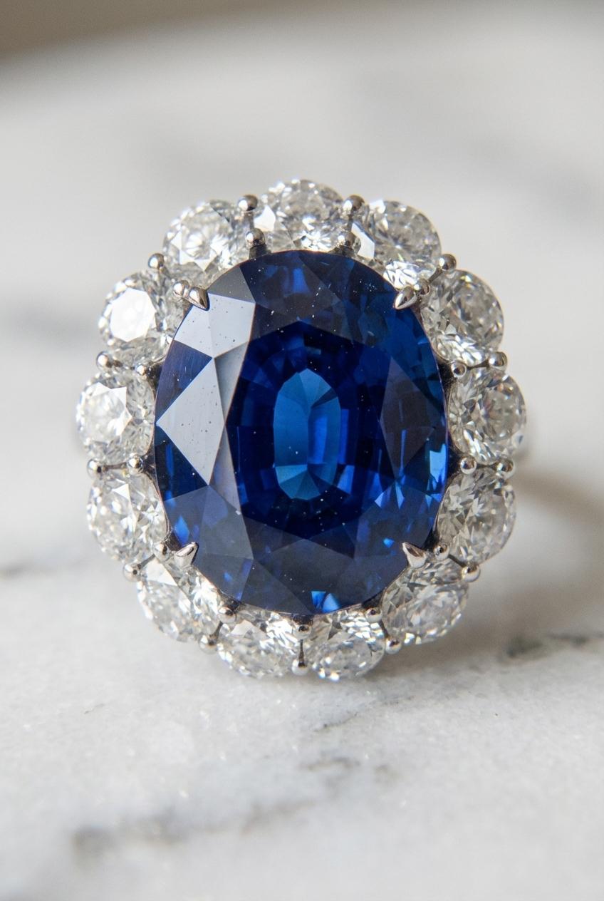 GIA Certified 7.18 Carat NO HEAT Blue Sapphire and Diamond Ring Moderno en venta