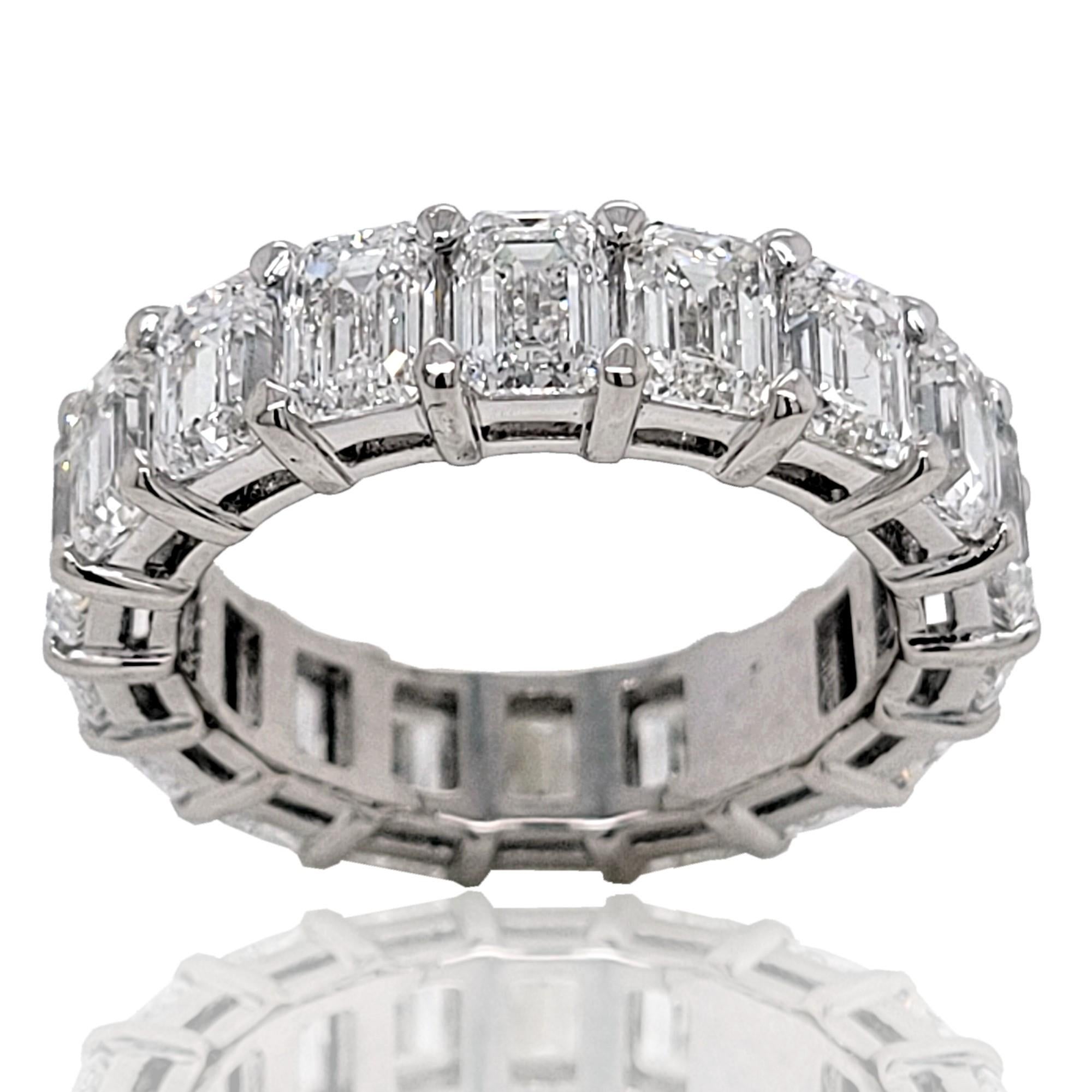 This beautiful Eternity Ring is made of Platinum showcasing 18 perfectly matched GIA Certified  (VVS/D-F)  0.40 Ct Emerald Cut Diamonds Set in Shared Prong Mode.
1 diamond is D color, 4 diamonds are E Color and 13 are F Color.
7 diamonds are VVS1