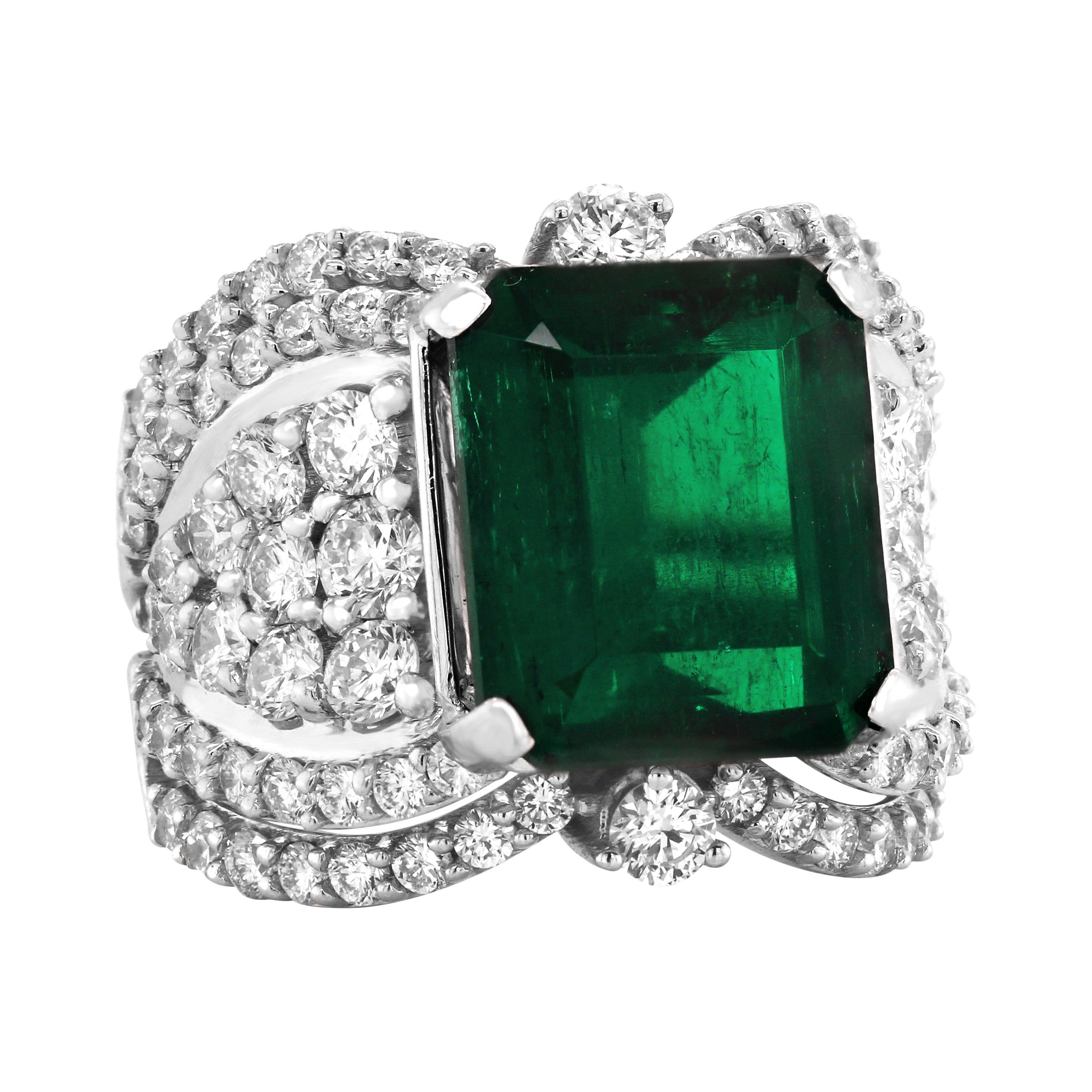 GIA Certified 7.25 Carat Colombian Emerald 18k White Gold Diamond Cocktail Ring