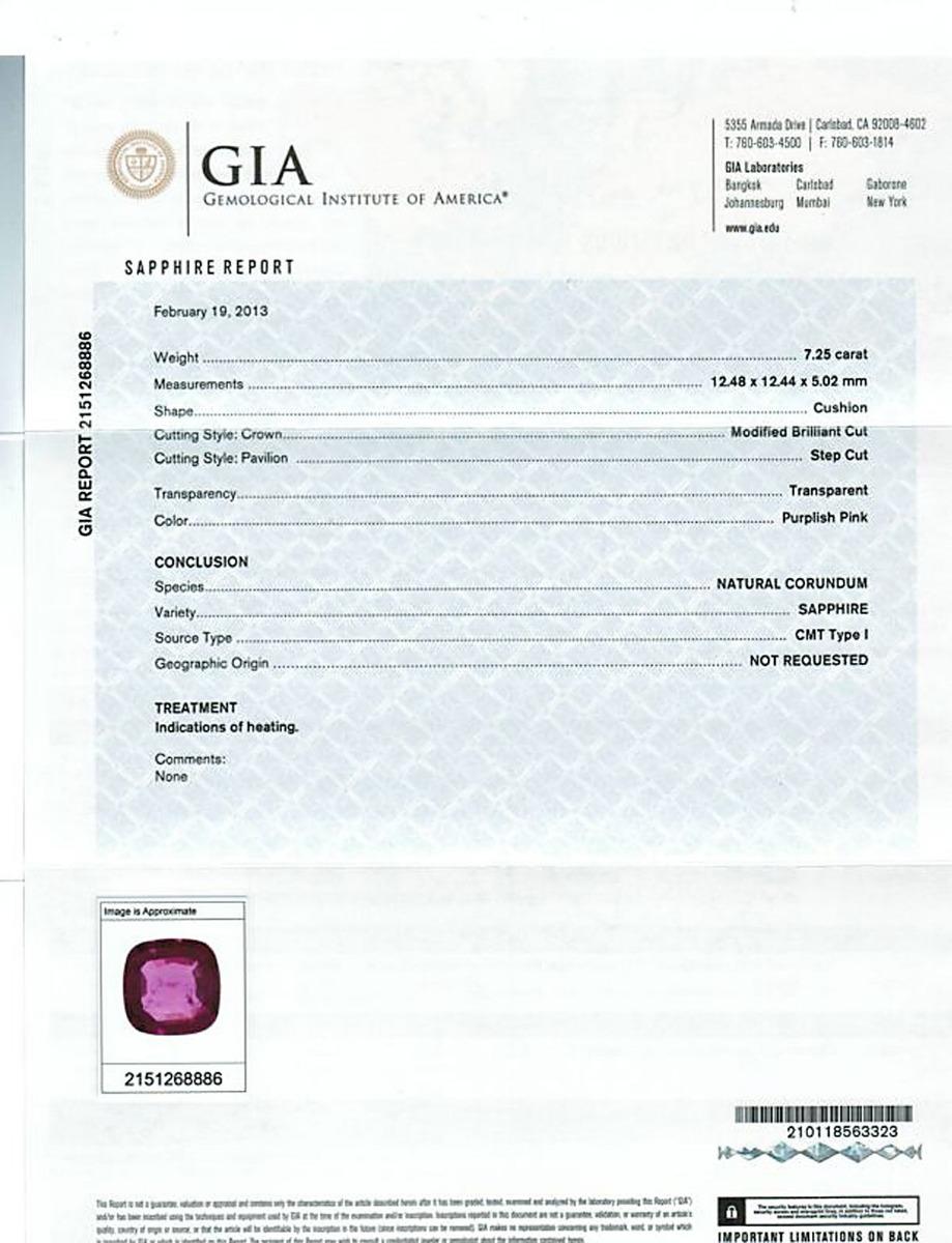 Looking for the perfect gift for your loved ones? Look no more! Our pink sapphire 7.25 carats set in platinum ring with 2.06 carats diamonds with GIA report is a real gem. Fall in love with the sparkle of this beautiful purplish pink sapphire loose.