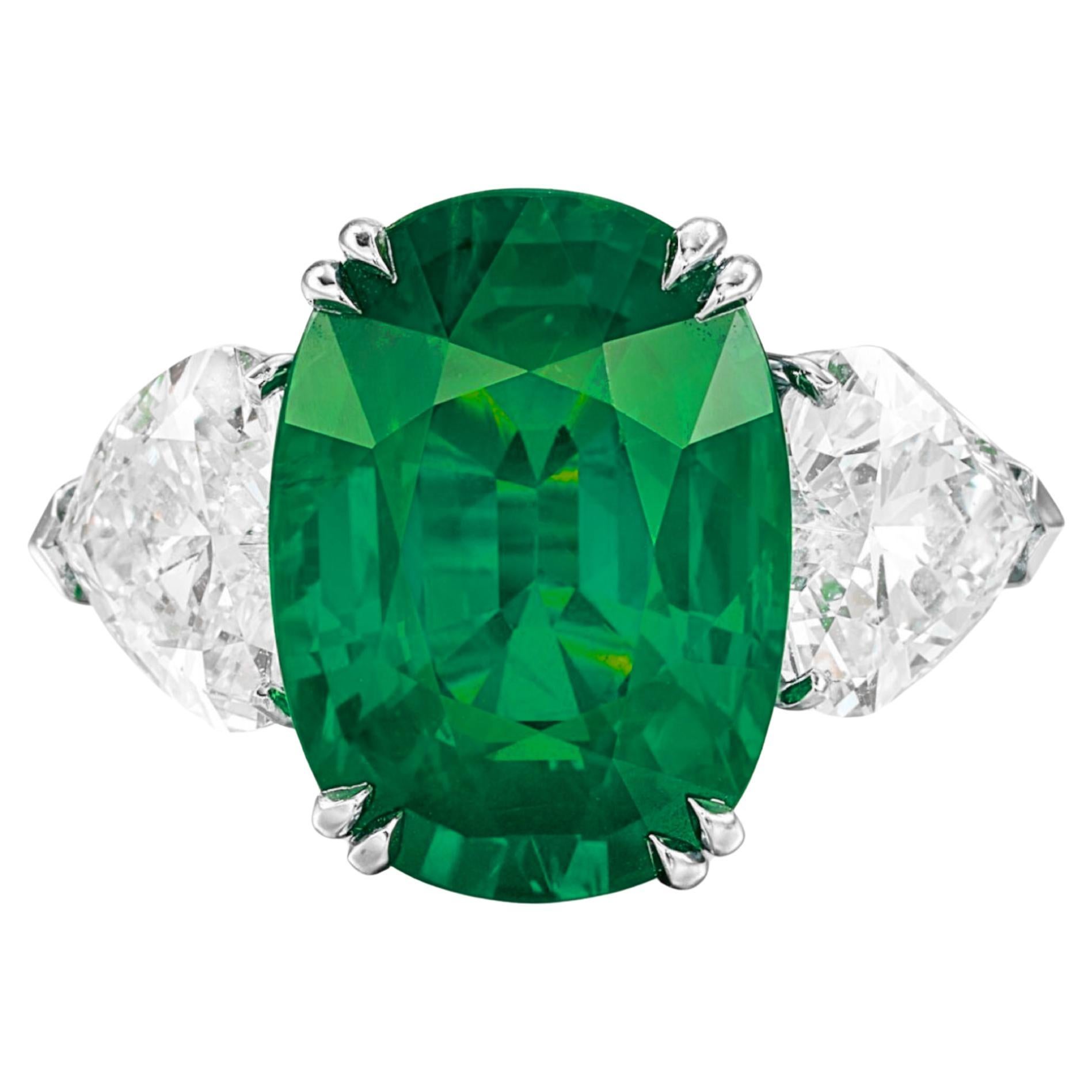GIA Certified 7.26 Carat Green Colombian Emerald Heart Cut Diamond Ring For Sale